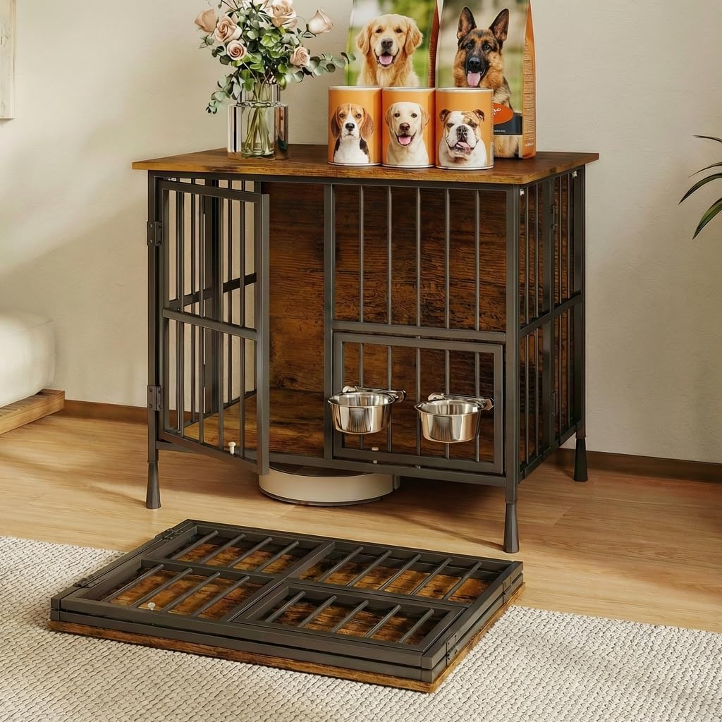 Hadulcet Foldable Dog Crate Furniture, No Assembly Indoor Dog Kennel with Storage Top, Wooden Dog Crate Table for Small to Medium Dogs, 27.55” Furniture Style Dog Cage with 2 Bowls Rustic Brown