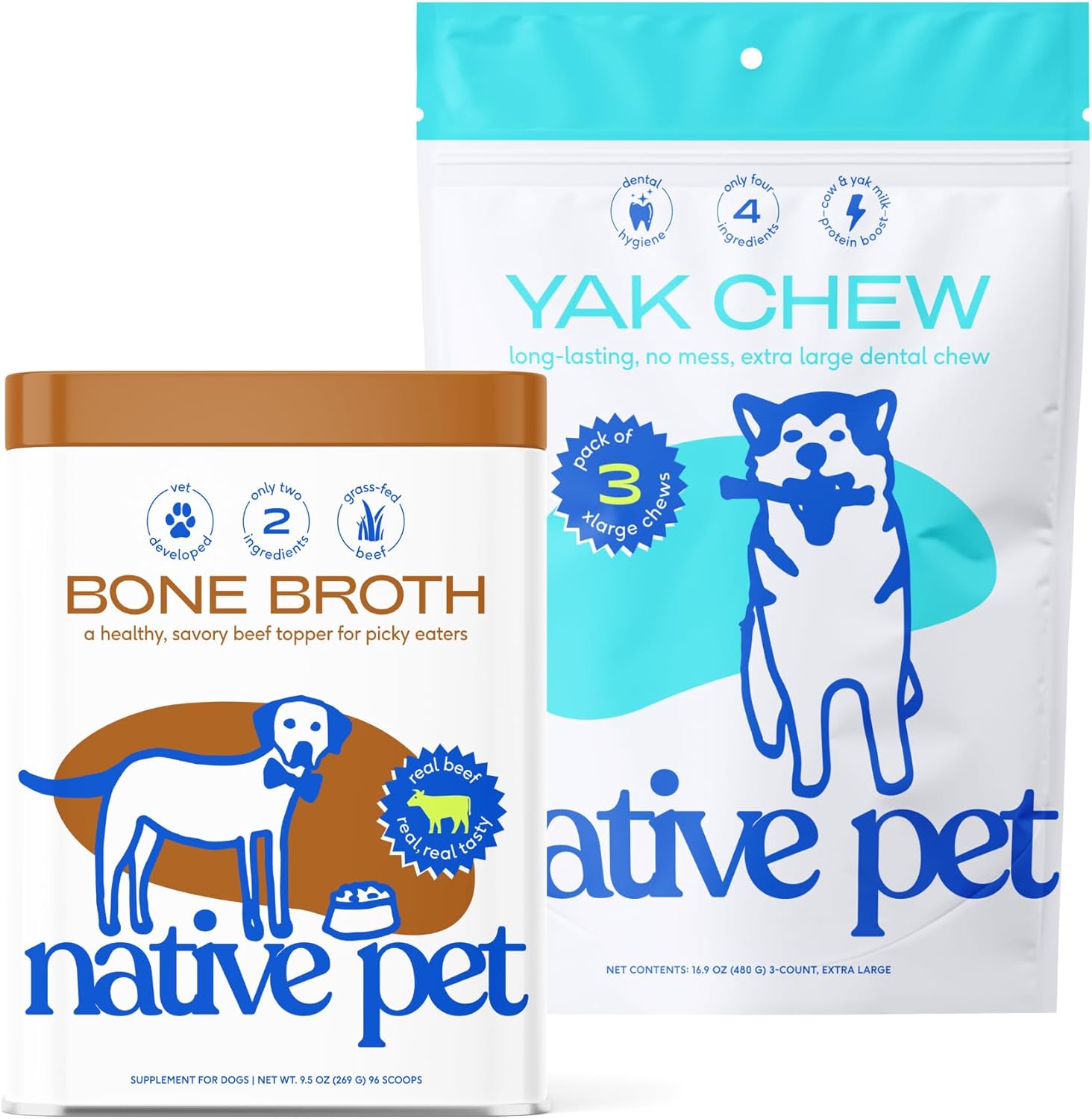 Native Pet Beef Bone Broth for Dogs (9.5 oz) & Yak Chews for Dogs (3 Count XL) - Food Topper for Picky Eaters and All Natural Dental Sticks Made with Yak Cheese for Aggressive Chewers