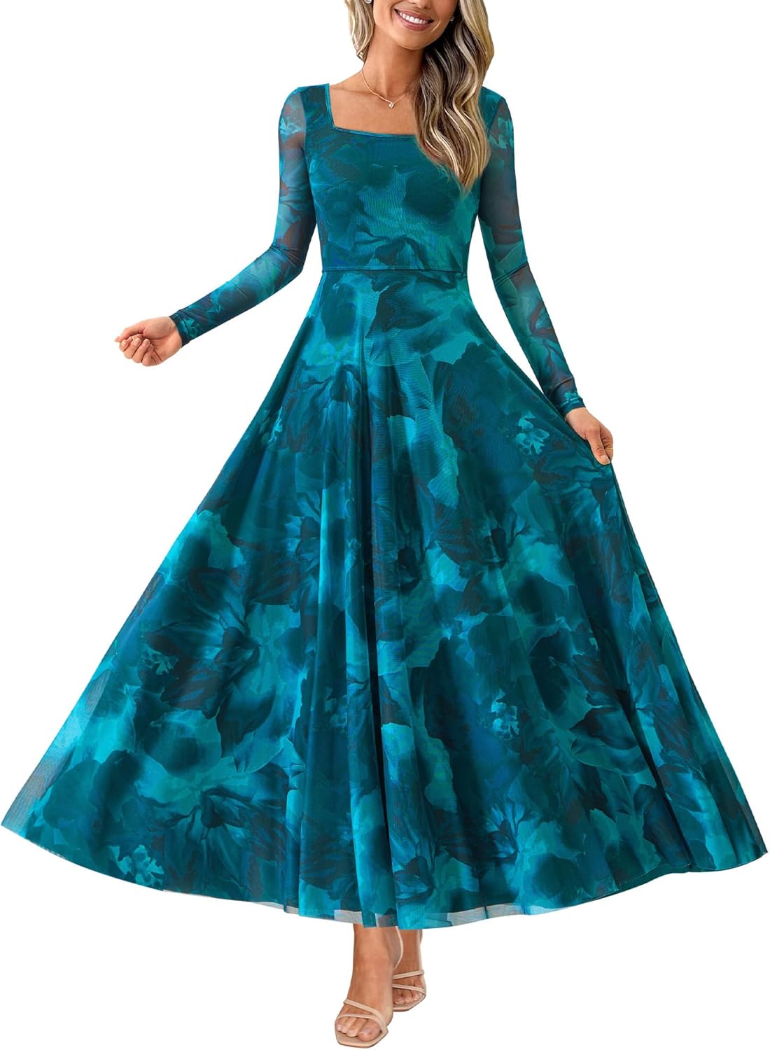 BTFBM レディース マキシドレス 秋 2025 ファッション エレガント 長袖 スクエアネック 花柄 パーティー クラブ ウェディング