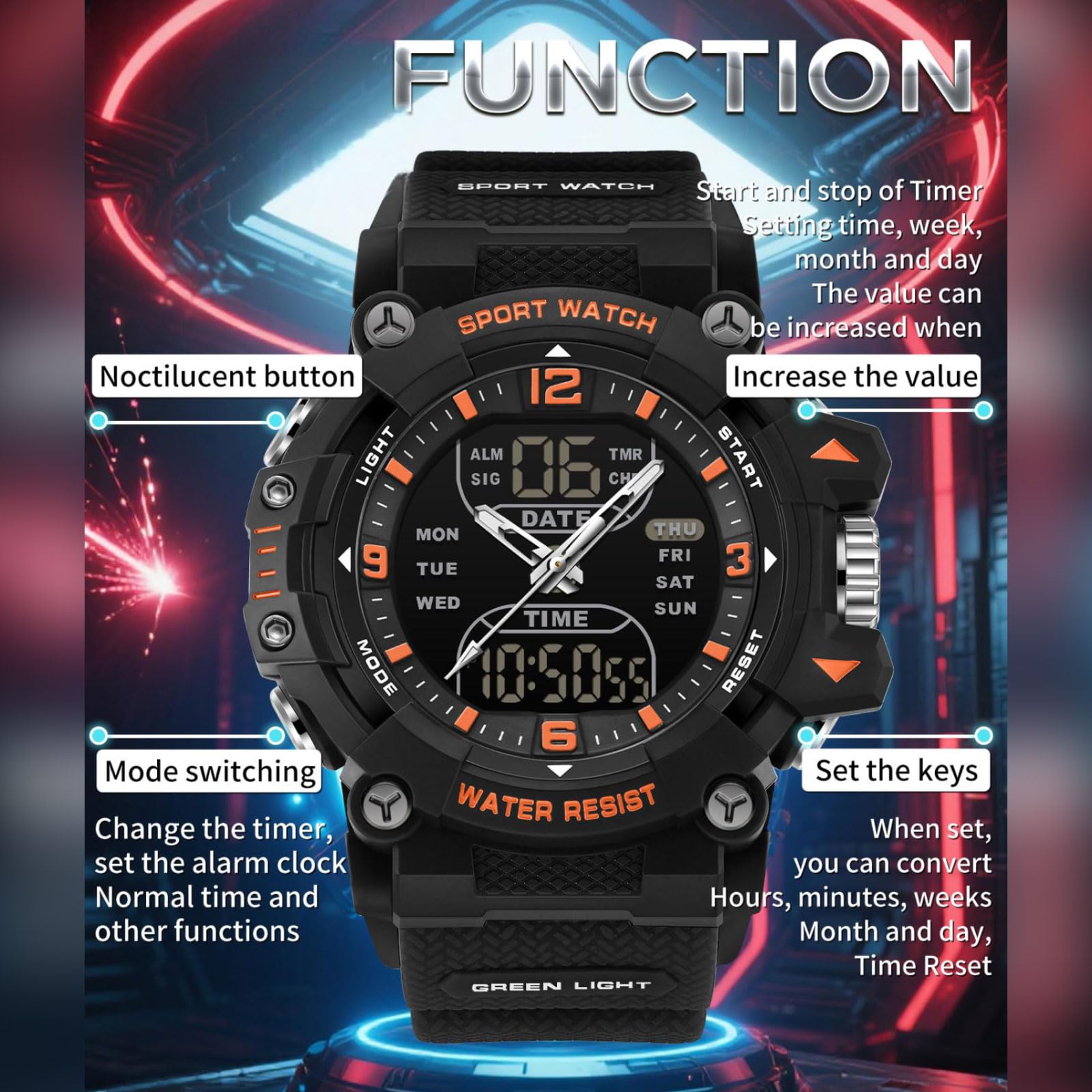 findtime Reloj analógico digital para hombre, reloj deportivo para exteriores, esfera grande, resistente al agua, 5 ATM, iluminación LED, relojes militares para hombres con despertador, fecha