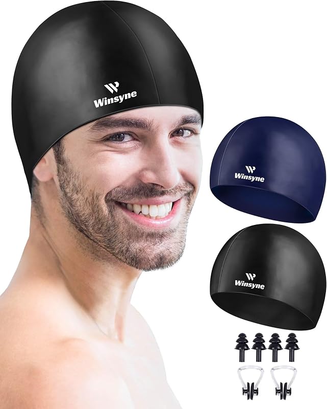2 Pack Silicone Swim Cap for Men Women, Unisex Adult Swimming Caps for Short/Long Hair to Keep Hair Dry, Waterproof Bathing Caps for Swimming with Ear Plugs & Nose Clip Set