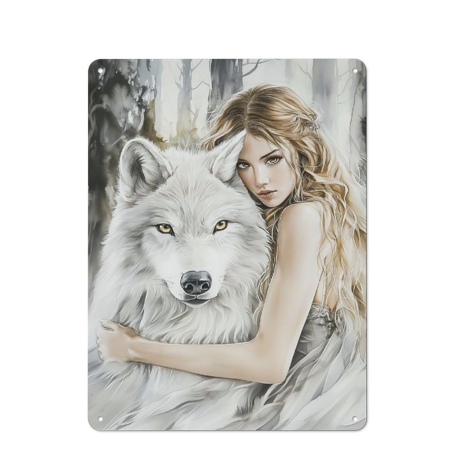 Workshop Style Wolf And Woman in Forest Decorative Metal Plaque 40x30cm, Workshop Wall Decor for Garage, Hobby Room, Office Or Man Cave