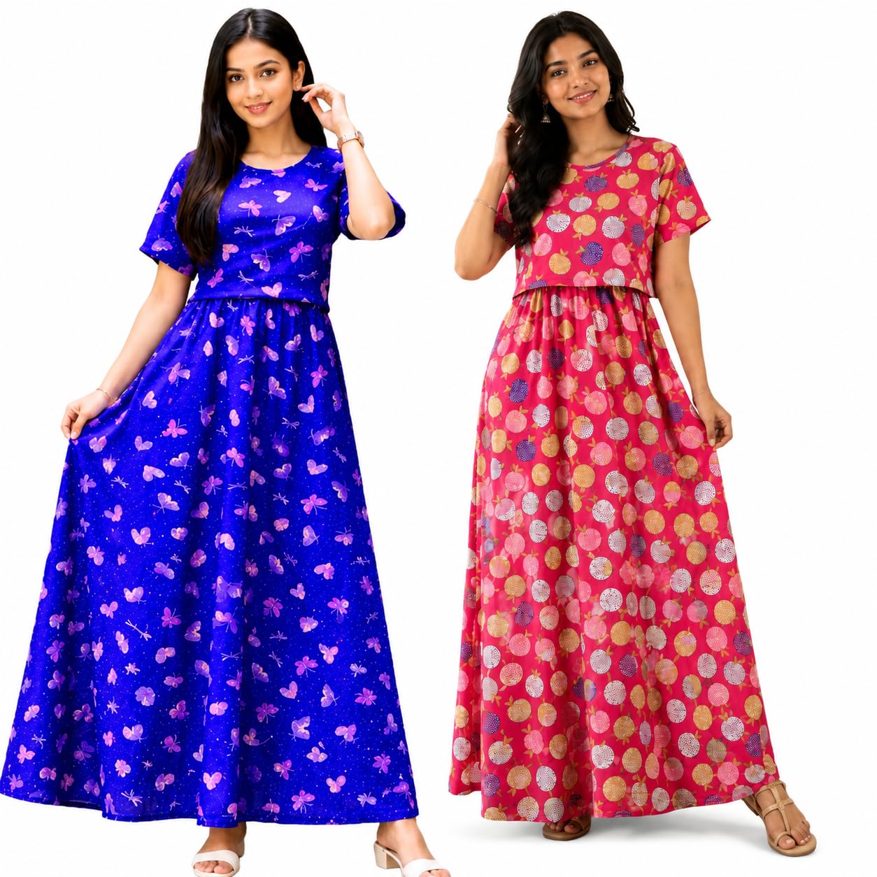 RENIS.Store Women's 100% Cotton Zipless Feeding Maternity Nighty Pack of 2 | Pull Up Nursing Night Dress | Soft Pregnancy & Feeding Wear | Blue(Pink Butterfly)_Pink Apple | Size-M-image-42