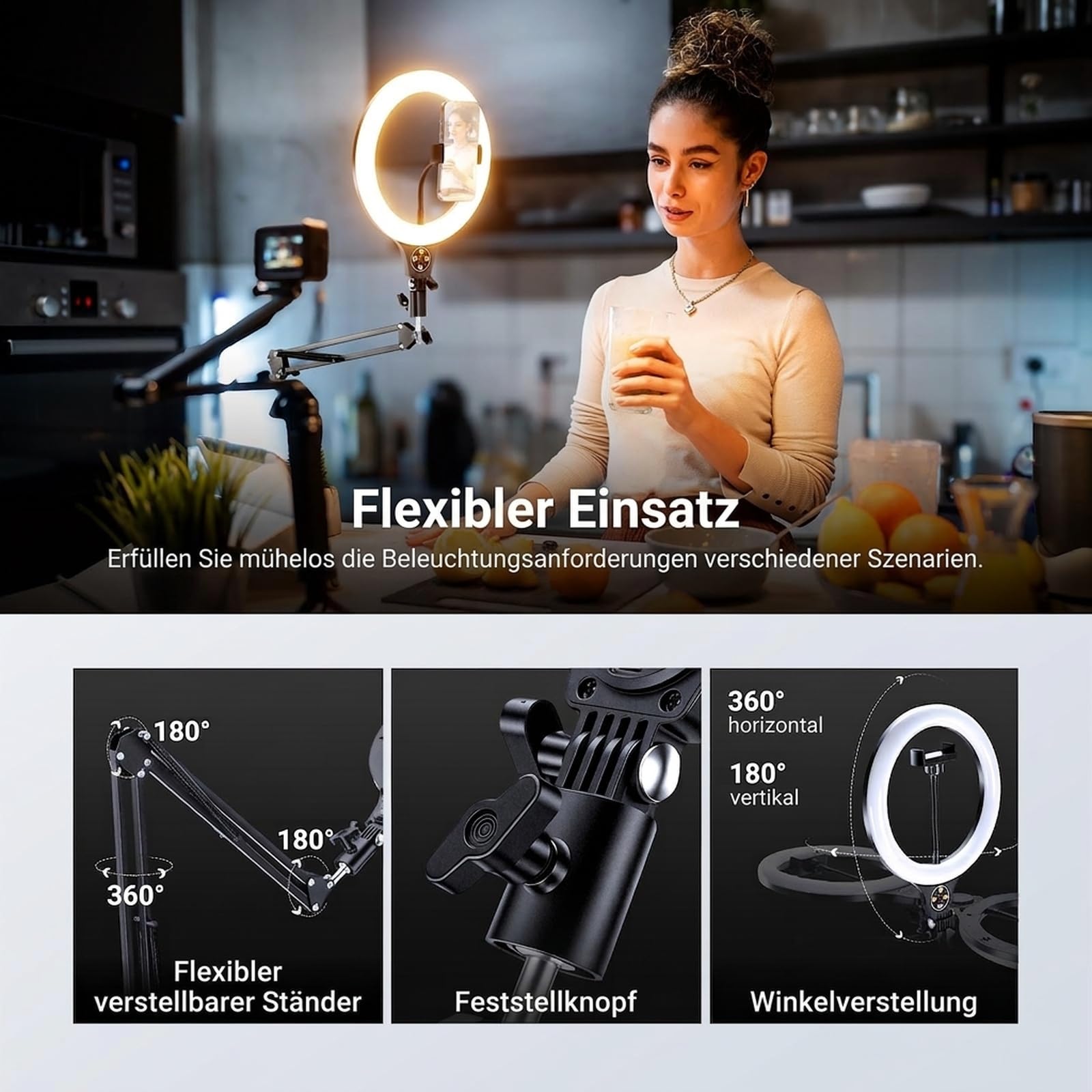 NEEWER Entry Level Version 10,5" 10W Ringlicht mit 46“-63" Stativ, Handyhalterung für Deckenmontage, kompatibel mit iPhone, zweifarbige LED Selfie Beleuchtung mit CRI 85+ für TikTok Videoaufnahmen N44