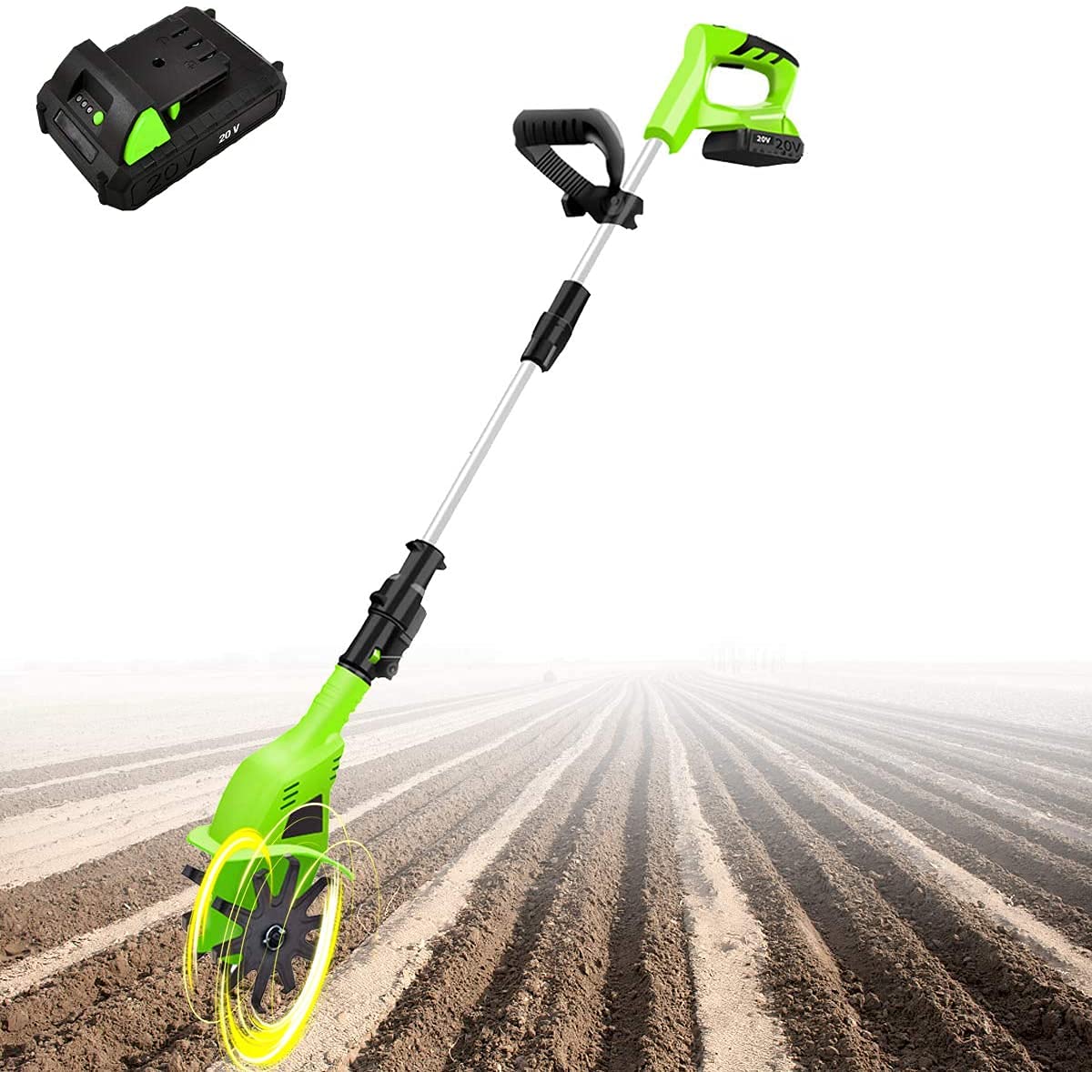 Motoculteur de Jardin, motoculteur électrique, poignée réglable, motoculteur Bon marché 20 V, Largeur de Travail 10 cm, Profondeur 25 cm, Lames rotatives en Acier Inoxydable