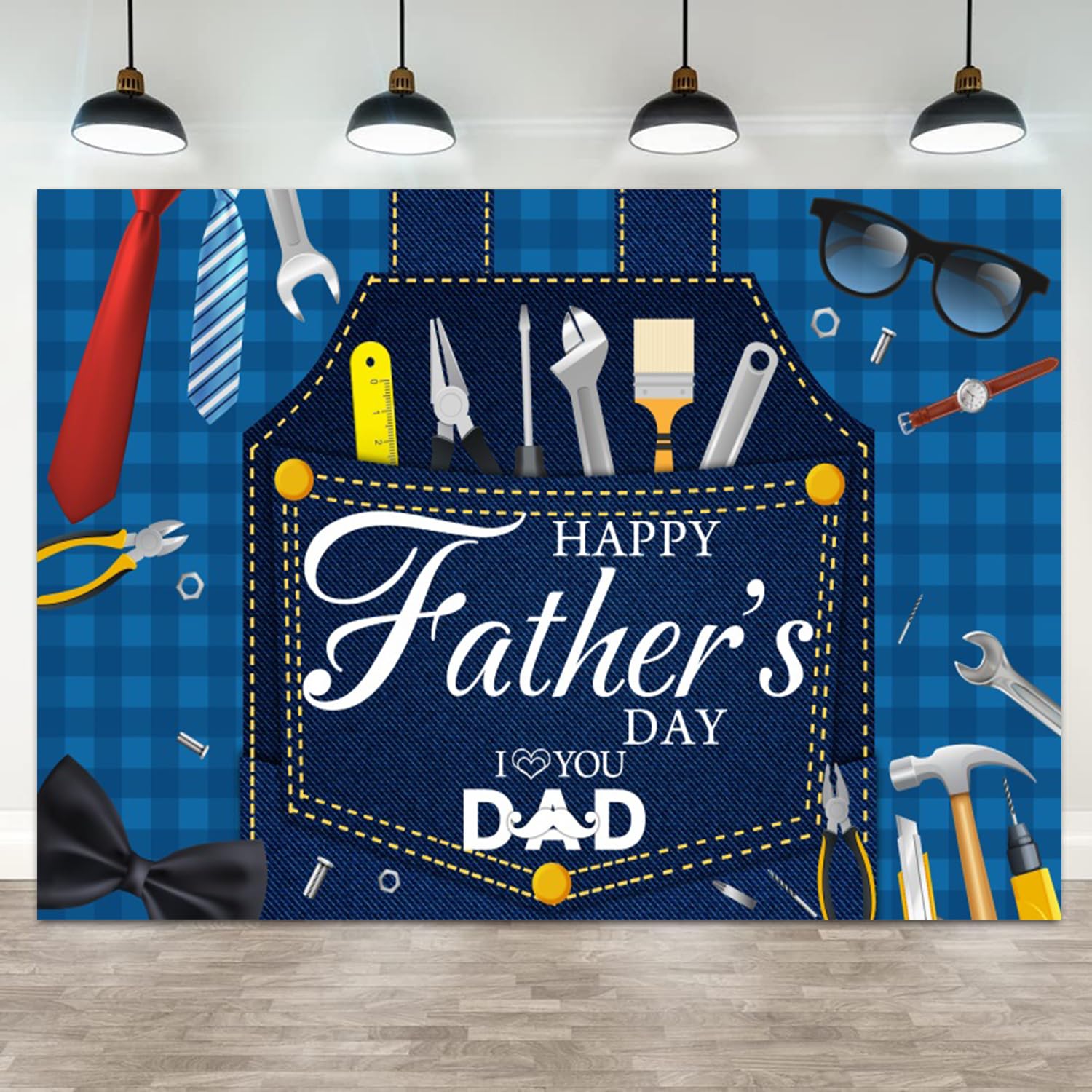 ASDCXZ 7x5ft Happy Father Day Backdrop I Love Dad Fathers Day Photography Background Blue Plaid Red Tie Tool Glasses Banner Decorations Thank You