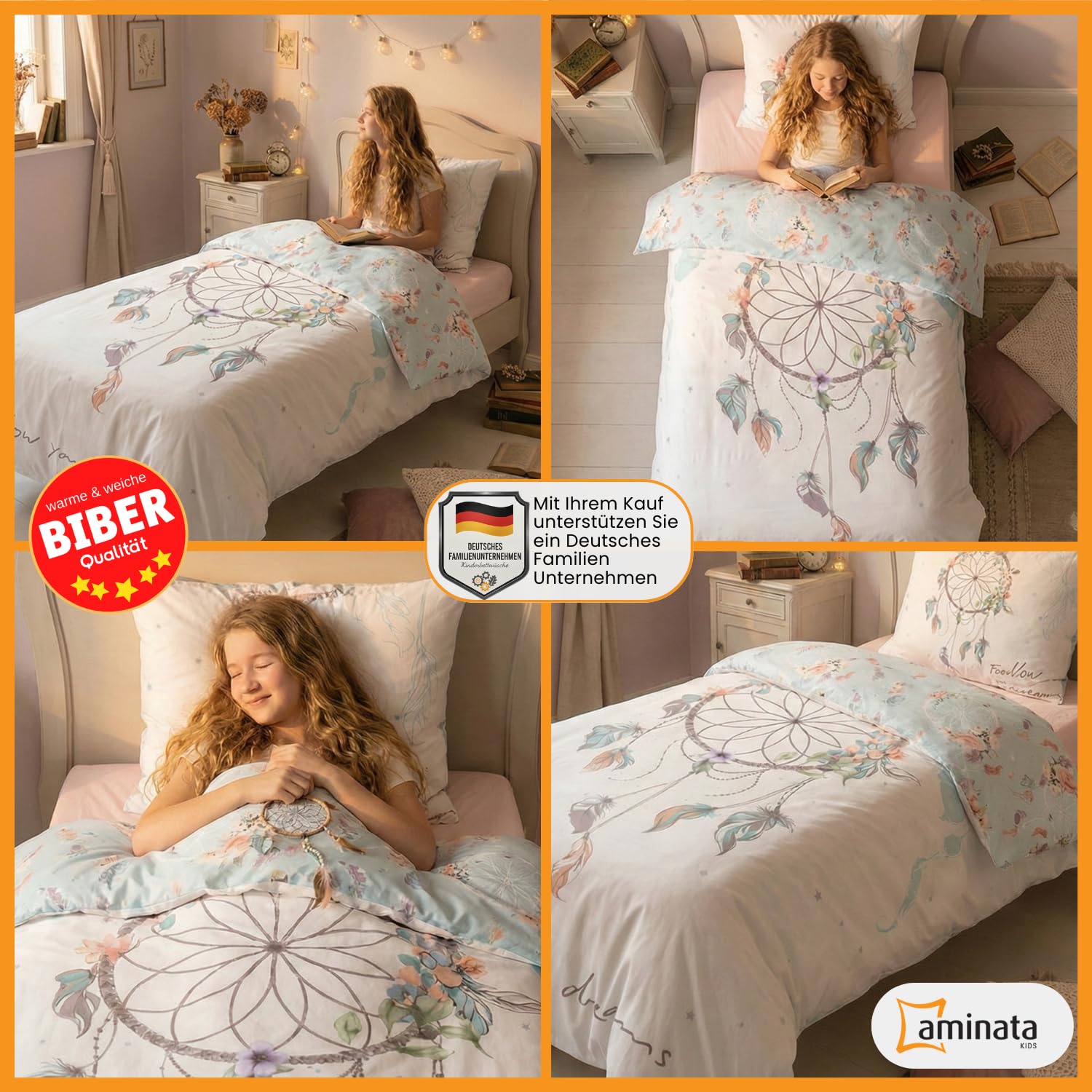 Aminata kids Bettwäsche Traumfänger 135x200 Biber 100% Baumwolle Dreamcatcher | türkis - Mädchen | warme & weiche Kinder-Wende-Bettwäsche