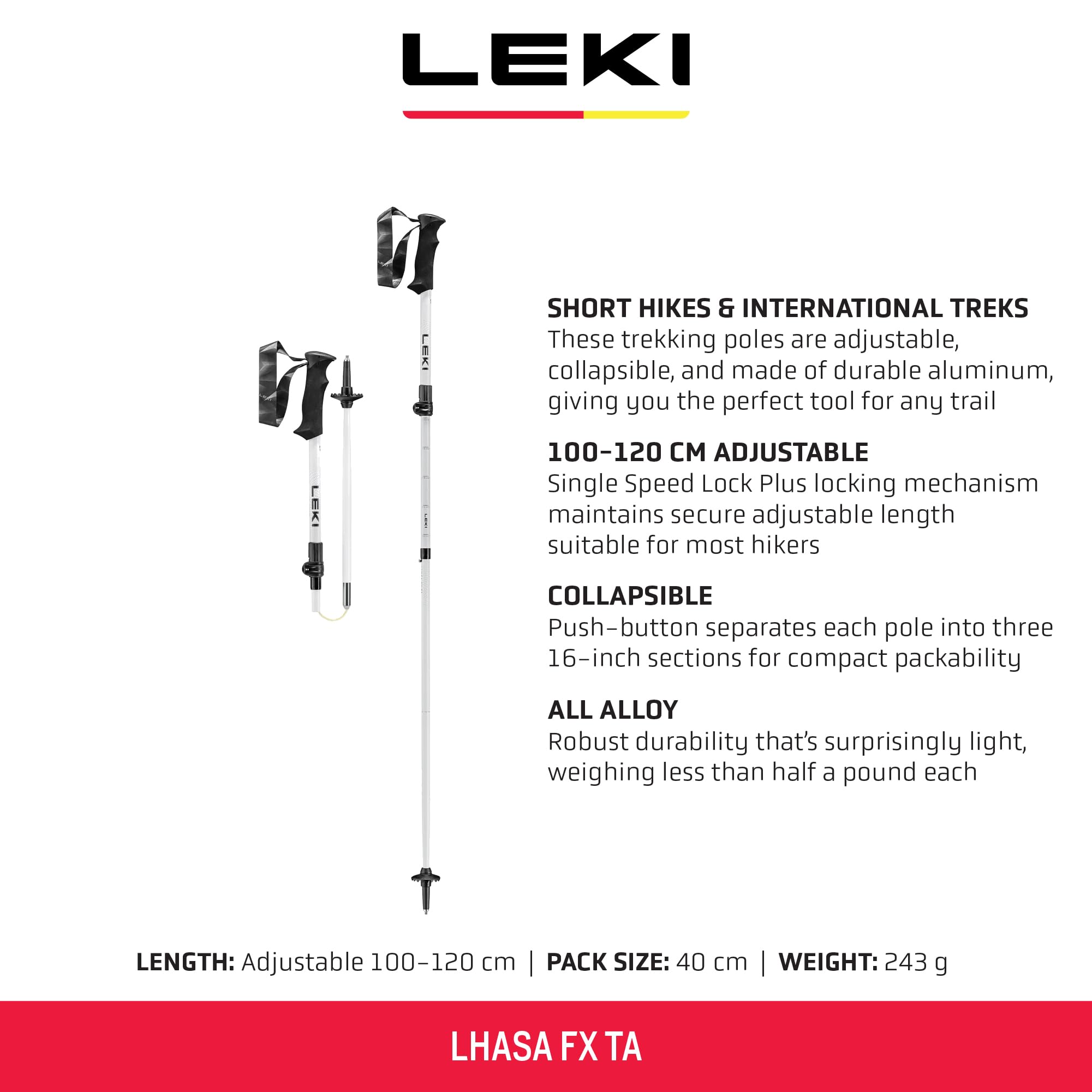 LEKI Lhasa FX TA Aluminum Collapsible Lightweight Walking Poles for Trekking & Hiking - White-Alto-Darkgrey - 100-120 cm
