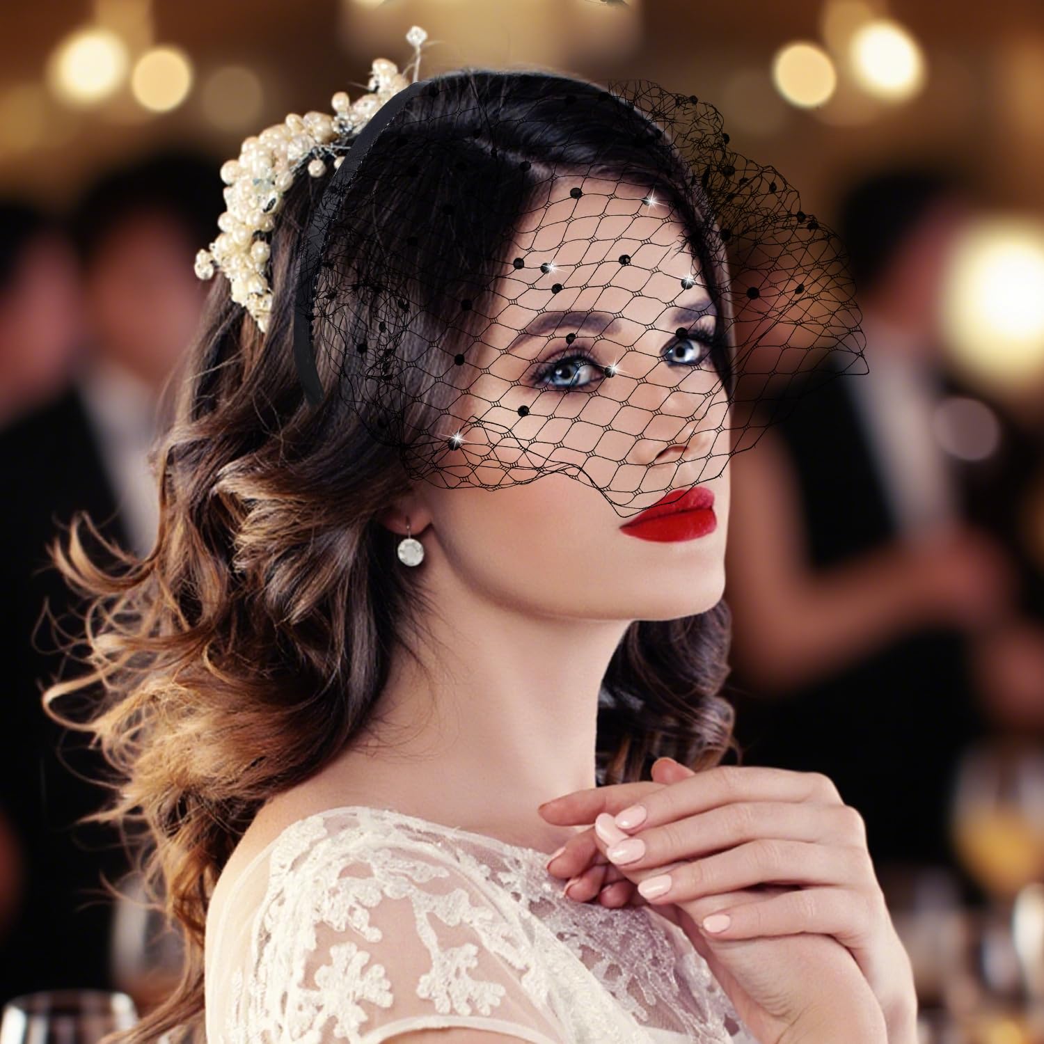 6126 Black Birdcage Veil Headband With Rhinestones Fascinators For Women Black Crystal Birdcage Veil Headband: Evening Party  main image 3