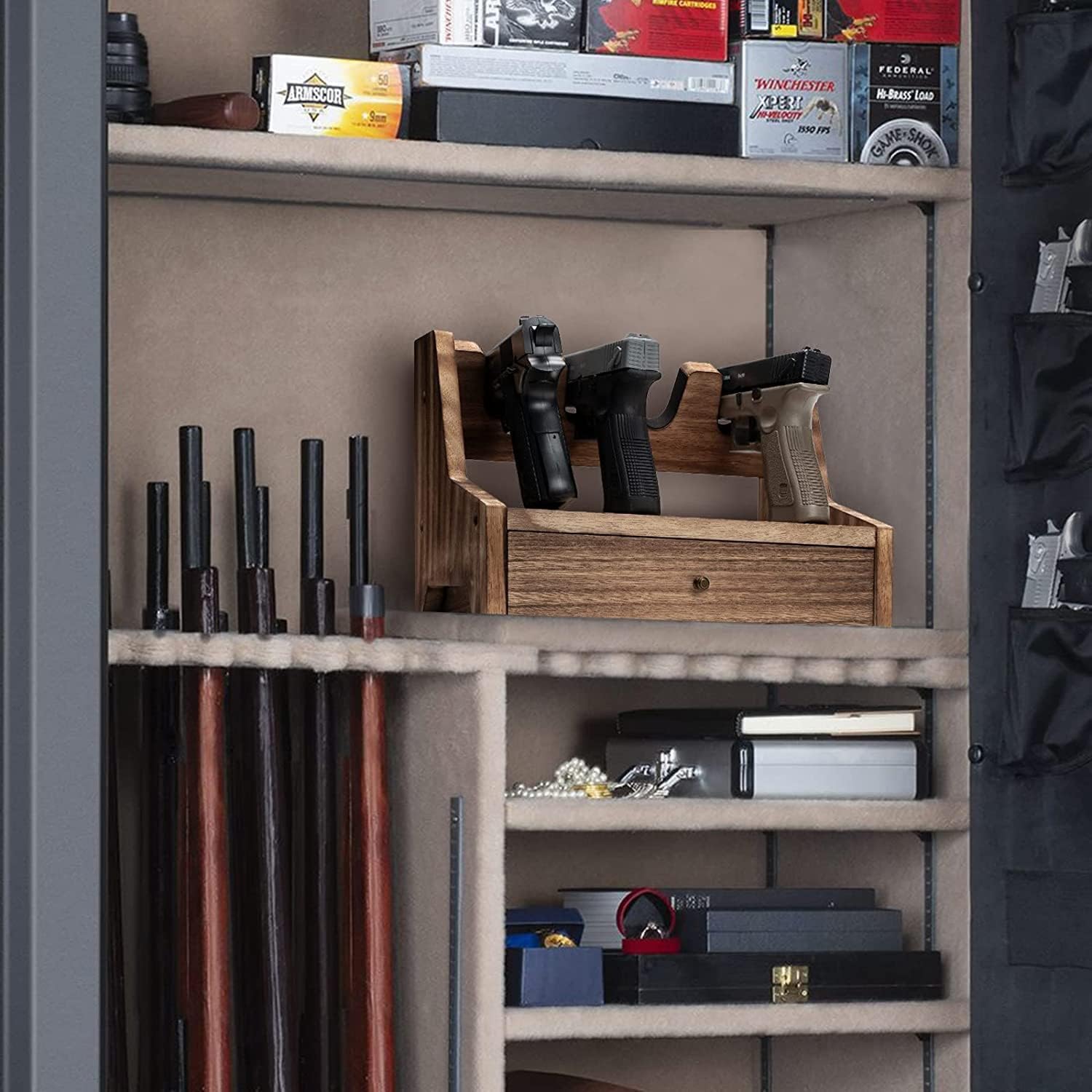 BeNtLi Porta Pistole - Espositore Porta in Legno Massello Raccolta nel Cassetto Conservazione Sicura delle Pistole, Contiene da 4 A 6 per Esposizione (4 Pack)