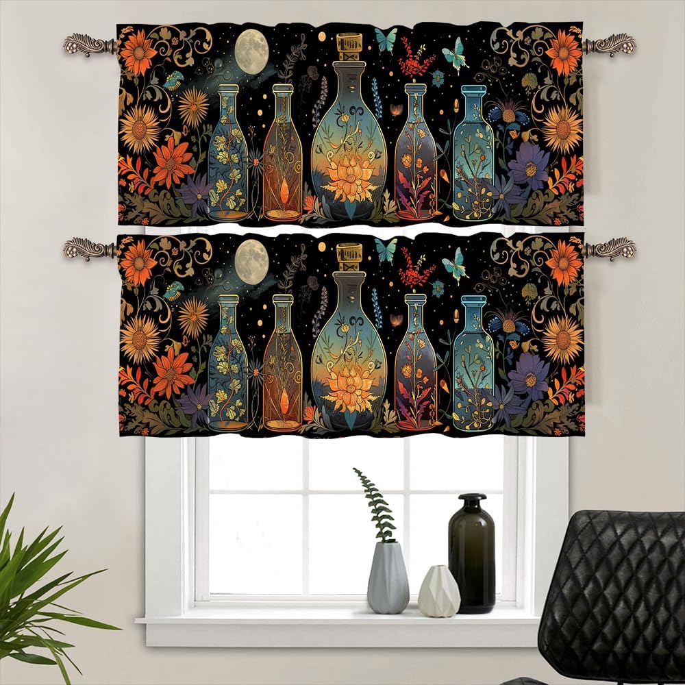 2 Panels Cartoon Floral Bottle Curtain Valance for Windows, Abstract Star Sky Garden Rod Pocket Short Window Treatment Decor Drapes for Kitchen, Bathroom, 54" X 18"