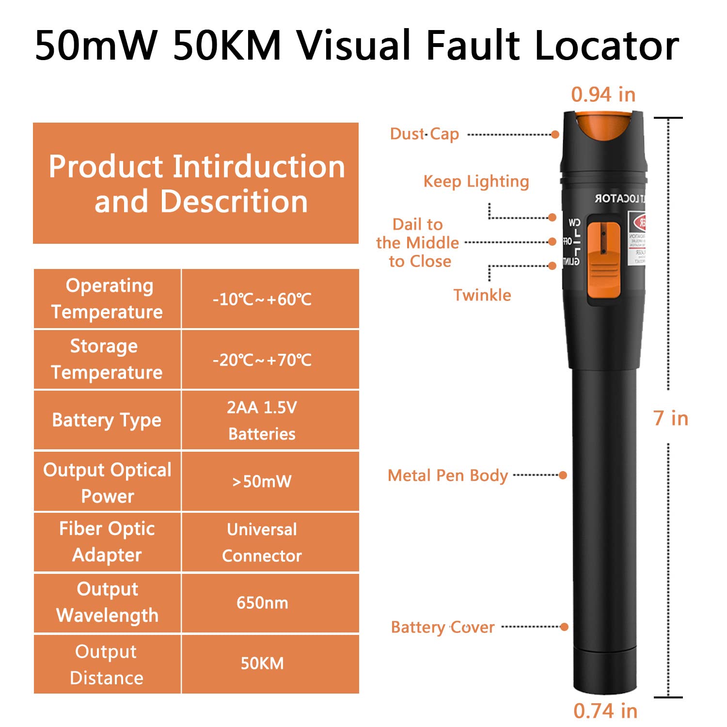 50mW Visual Fault Locator for Optical Fiber Cable Testing - 50km Range, Red Light Source Transmitter Compatible with FC/SC/ST Connectors and 2.5mm Universal Optical Fiber Connector