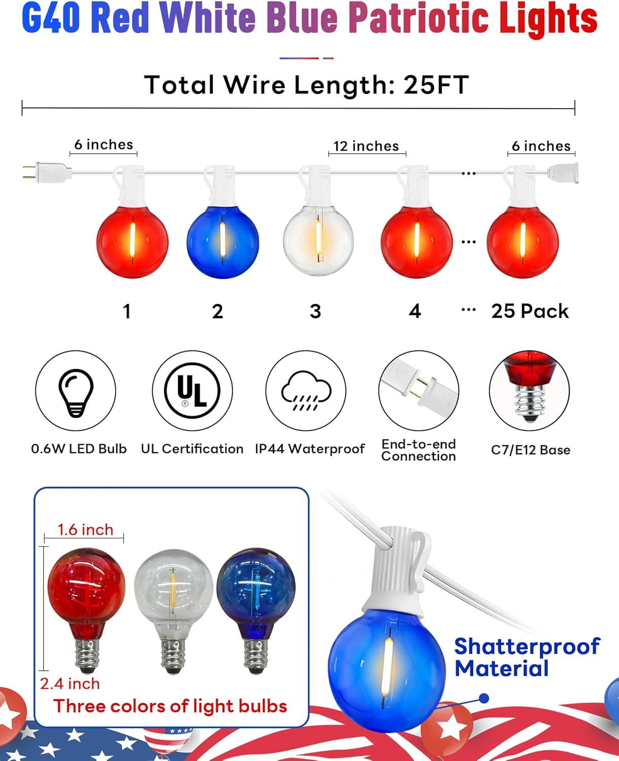 25Ft Independence Day LED String Lights, Waterproof Patio Light with 25 G40 LED Clear/Red/Blue Bulbs, Connectable Hanging Independence Day String Lights for Indoor Outdoor Garden Backyard Porch
