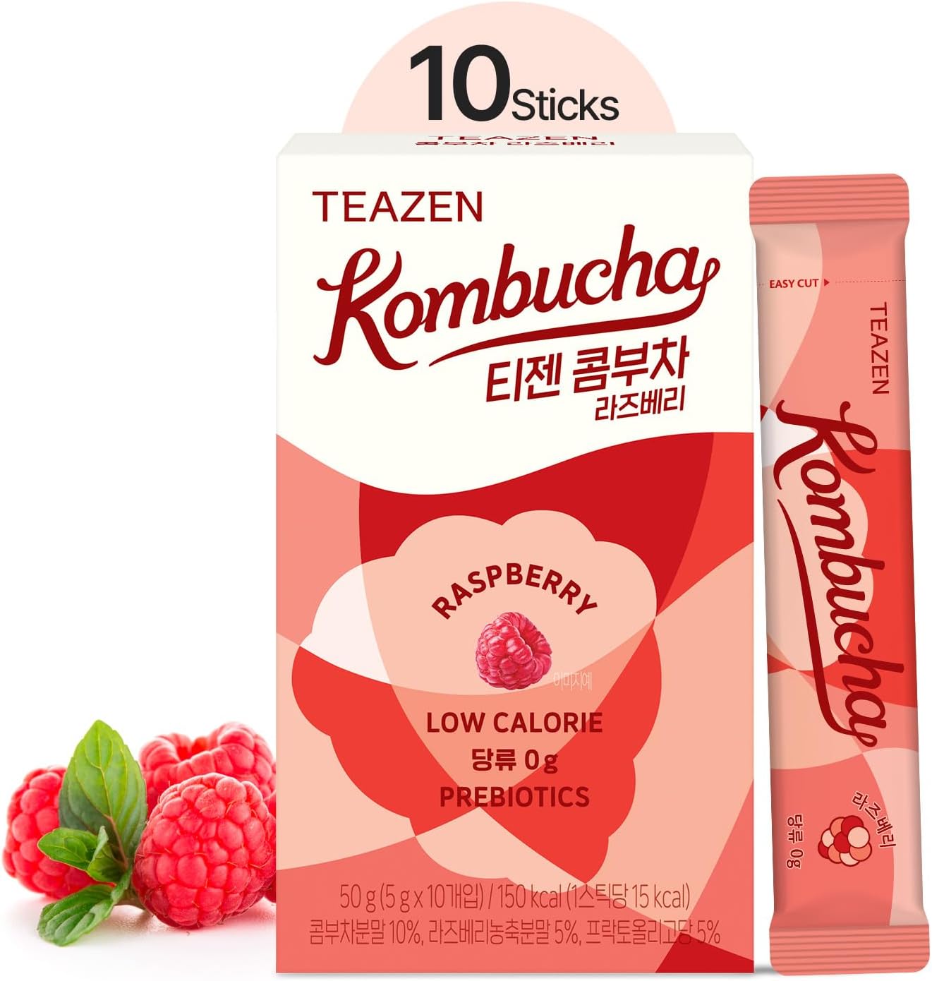 TEAZEN Raspberry Kombucha Powder, Hydration Drink Mix, Sugar Free, Live Probiotics & Prebiotics, On-the-Go 10 Packets, 1.76oz
