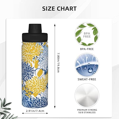Miniatura 3 de Botella de agua deportiva floral azul amarillo aislado de acero inoxidable, botella de agua de 18 onzas para fitness, deportes al aire libre,