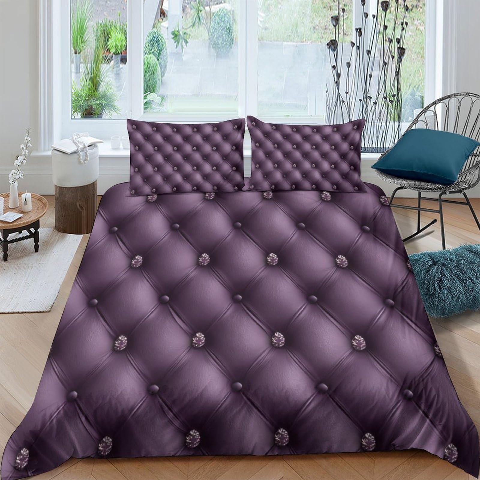 Ctjqhvkz Style-9 3D Printed Deep Purple Button Tufted Fitted Sheet Microfiber Soft Decorative Velvet Quilt Bed Cover For Bedroom Guest Room Single（135X200cm）