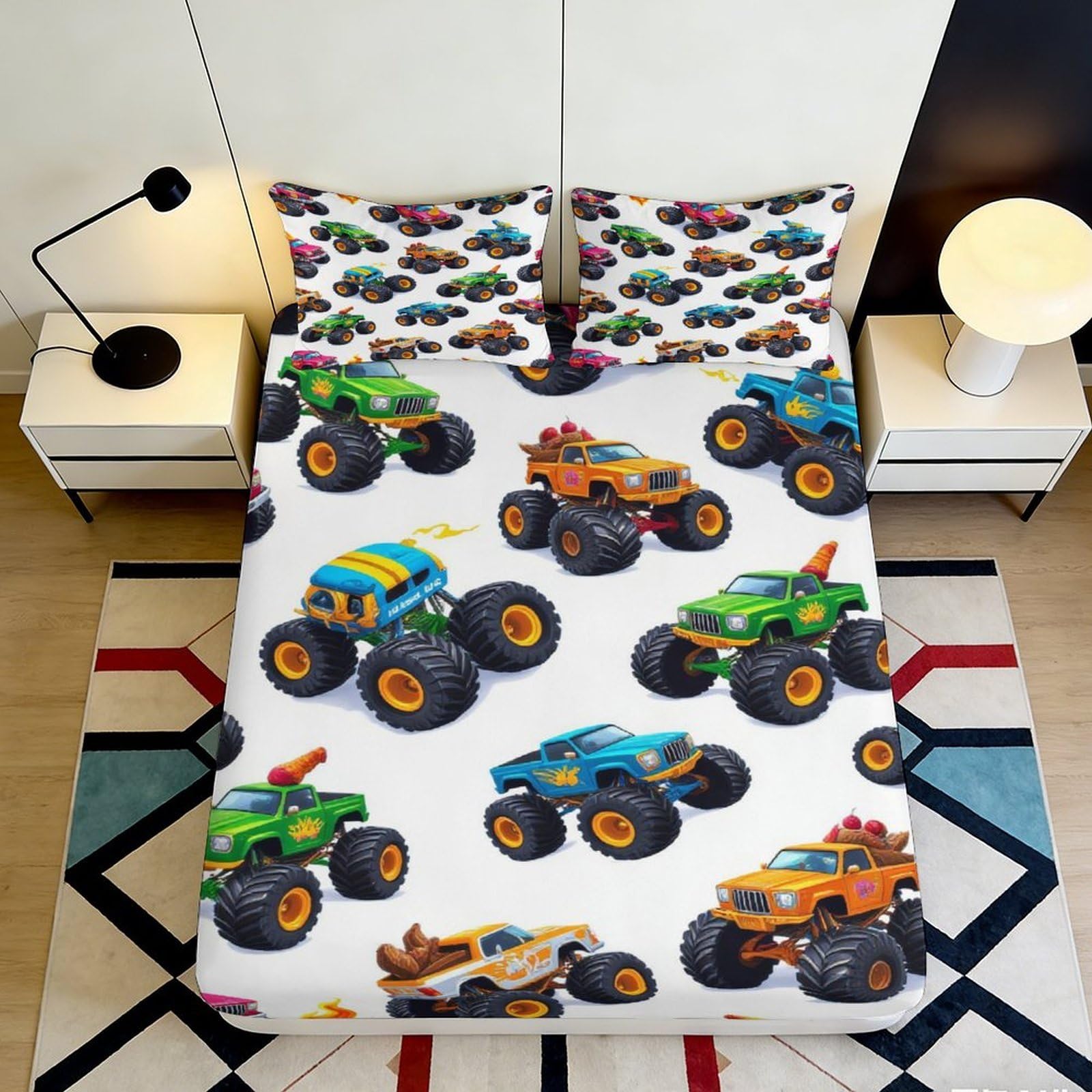 3D Printed Monster Truck Fitted Sheet Microfiber Elastic Hem Deep Pocket Monster Truck Mattress Fitted Cover for Adult Bedroom 140x200x25cm