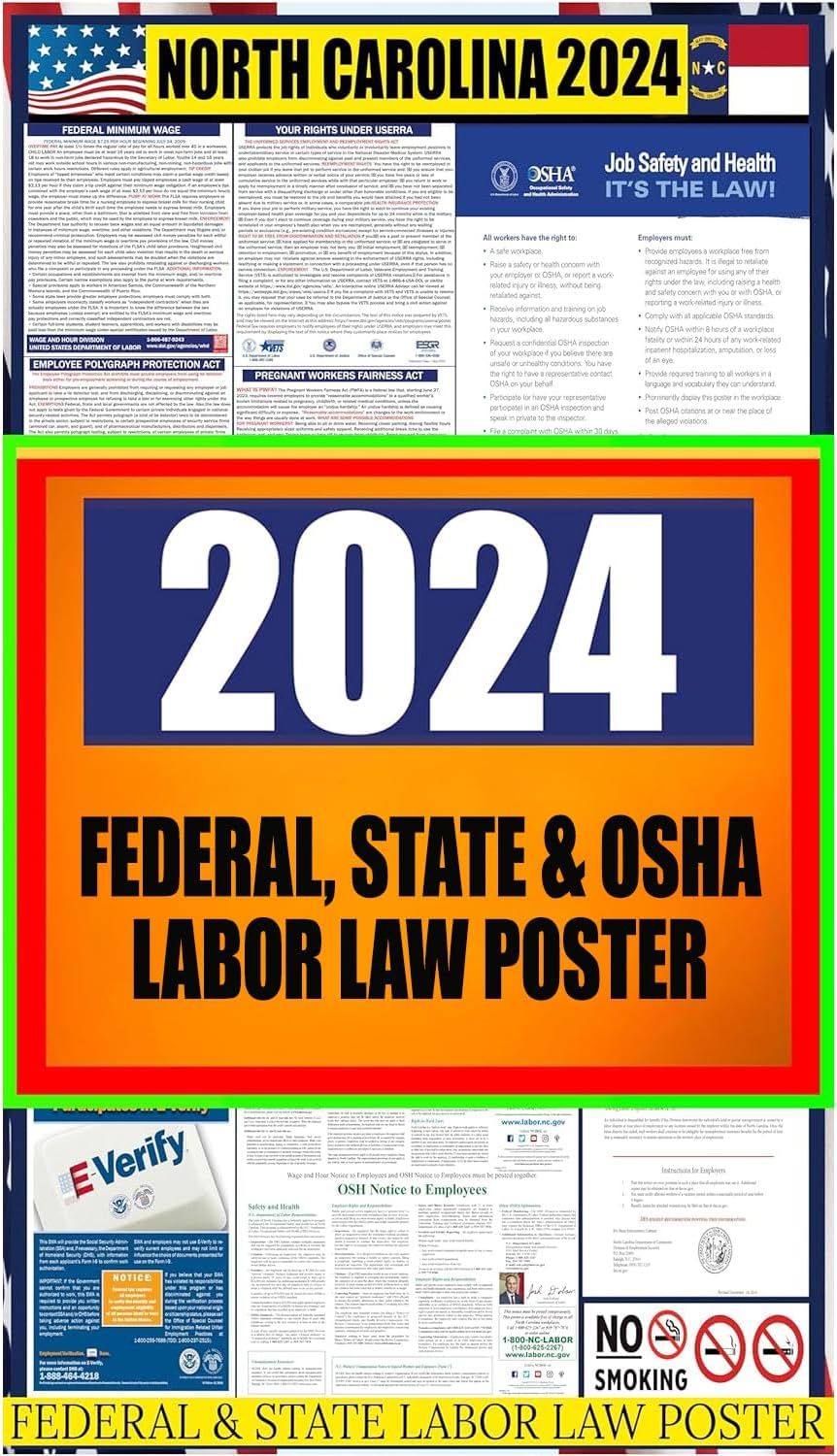 2025 North Carolina (NC) State Labor Law Poster - State, Federal and OSHA Compliant Laminated Poster - Ideal For Posting In The Workplace - Perfect For Common Rooms And Cafeterias