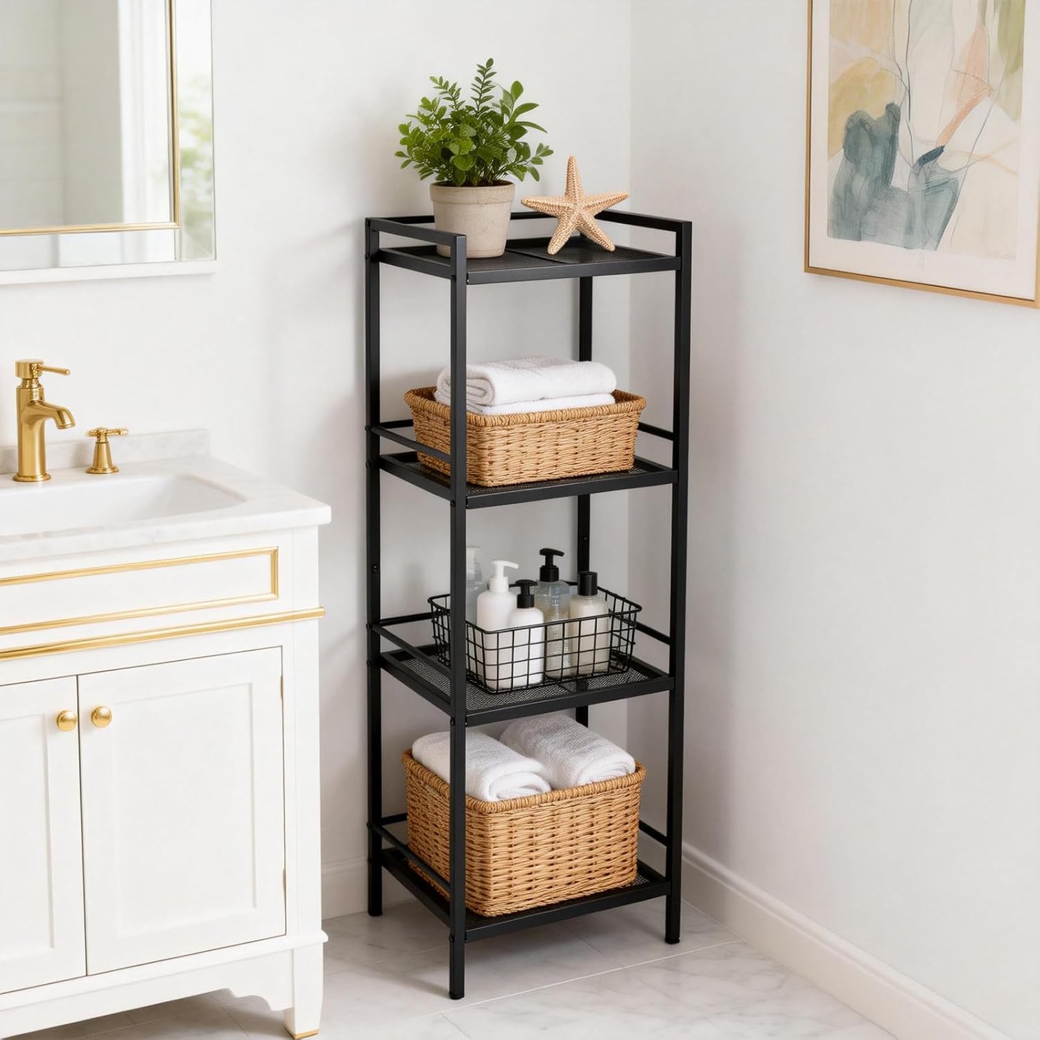4 Tier Shelf Stand, Narrow Shelf Unit for Small Spaces, Bathroom Rack Organizer, for Laundry, Metal Storage Shelf Bathroom, Kitchen Organization, Black
