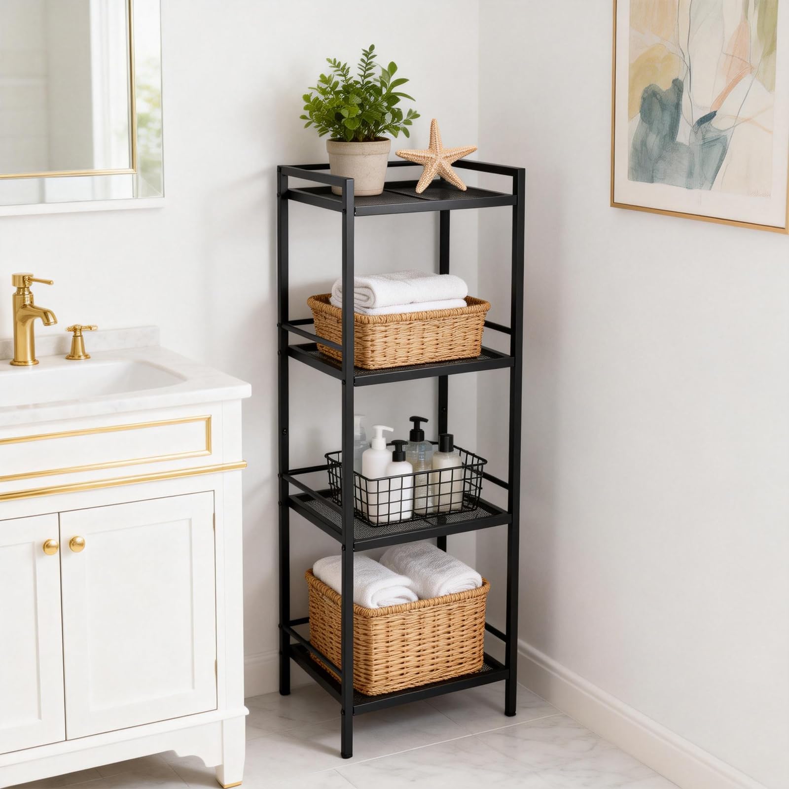GarveeMore Metal Ladder Shelf, 4 Tier Freestanding Storage Rack-Black
