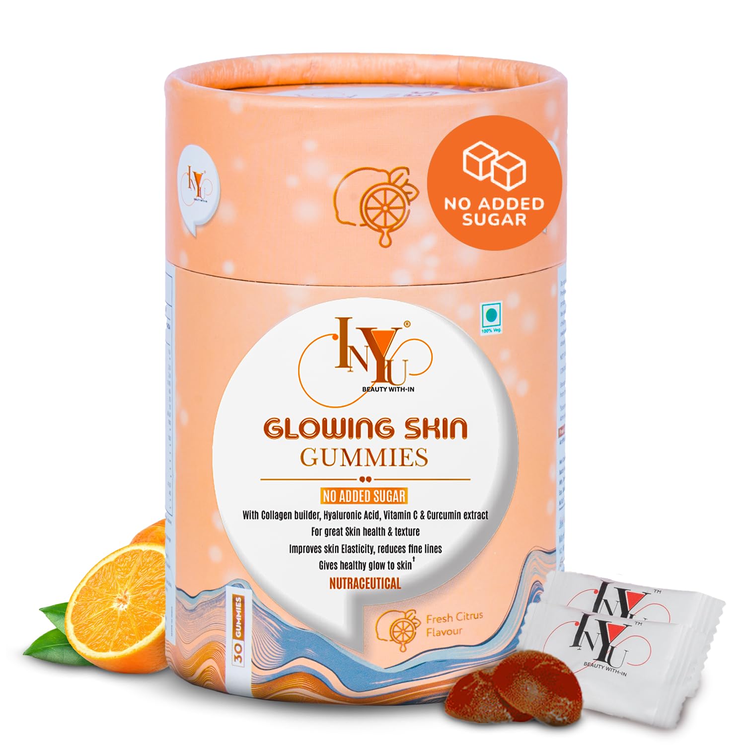 INYU Glowing Skin Gummies for Women — 30 Days Pack | With Hyaluronic Acid, Collagen Builder, Vitamin C, E & Curcumin Extract | No Added Sugar | For Skin Hydration, Texture & Tone | Citrus Flavor | for Women and Men