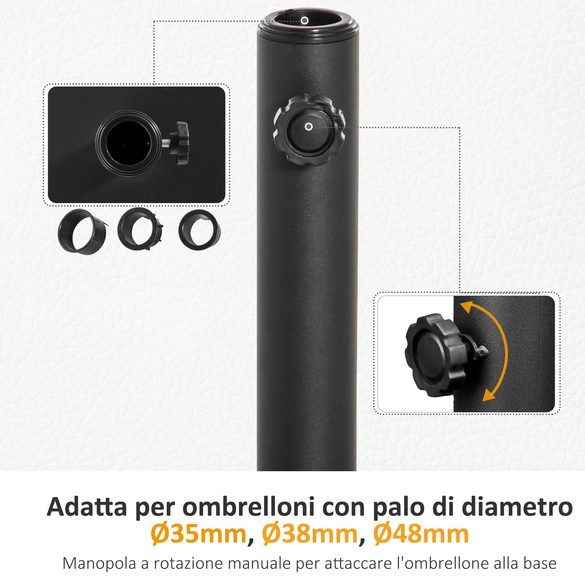 Outsunny Base per Ombrellone da 13 kg, Basamento Quadrato per Ombrelloni di Pali da Ø35/38/48 mm in Metallo e Cemento, Nero