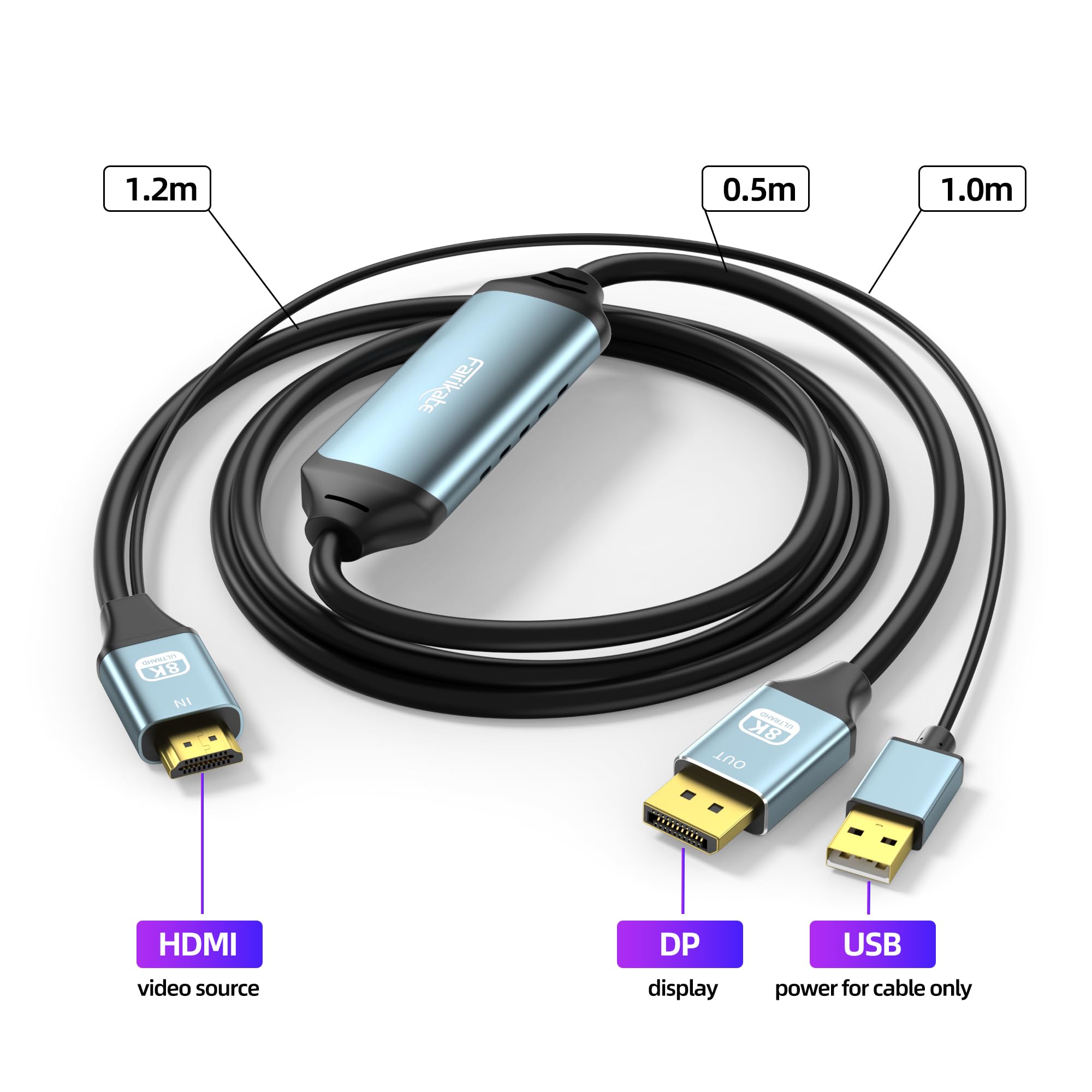 fairikabe Adaptateur HDMI vers DisplayPort 8K@60Hz, 4K@144Hz / 4K@120Hz / 2K@240Hz, 1.5M — Convertisseur de source HDMI vers moniteur DP, pour PS5, Xbox Series X, PC Gamer