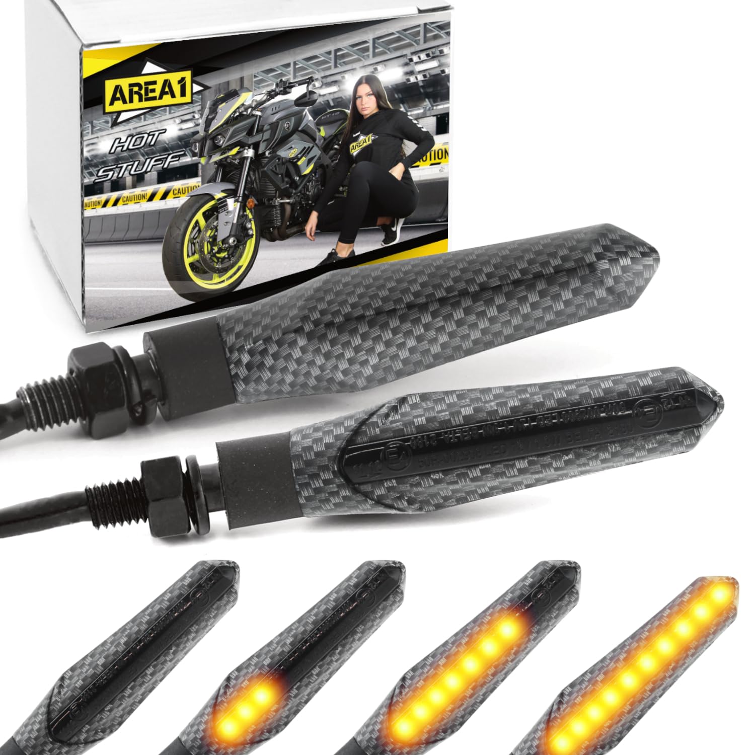 Area1 Frecce LED Moto Omologate E in Carbon Look con Effetto Scorrimento, M8, Set 2 Pezzi – Compatibili con KTM 790 Duke, 390 Duke, 690 SMC/R, MT-07, MT-09, MT-125, Z900, Z650, Z500, Z125, CMX