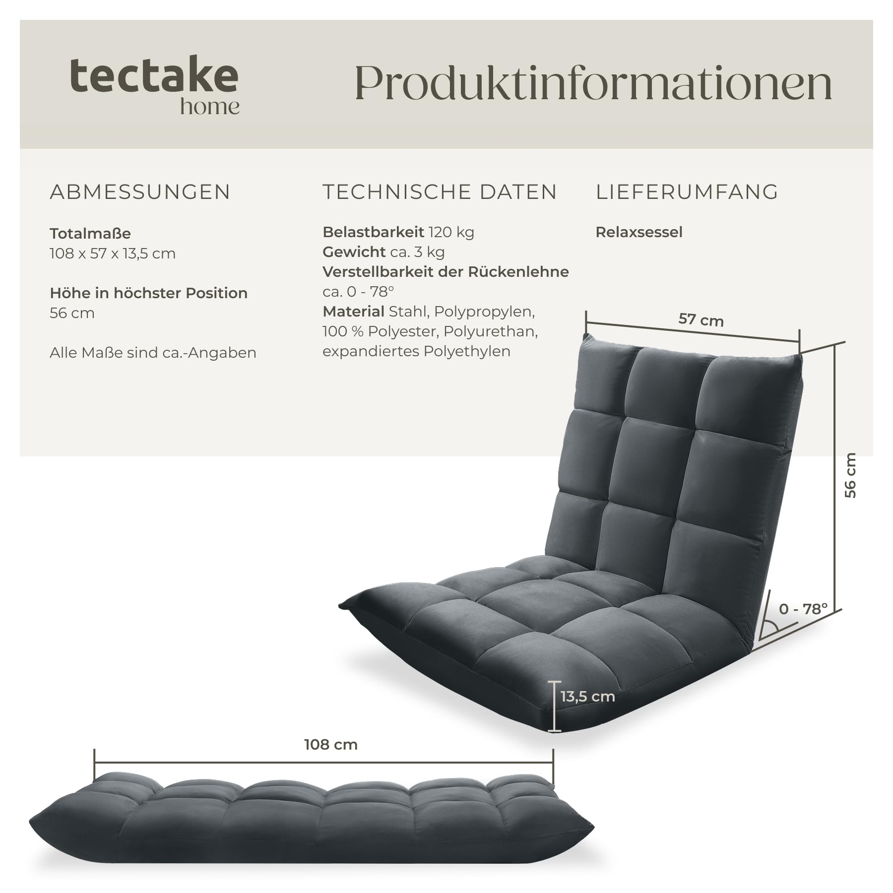 tectake® Relaxsessel, XXL Bodenstuhl faltbar mit Liegefunktion, Bodensessel mit Verstellbarer Rückenlehne, nutzbar als Sessel, Sitzkissen, Bodenkissen, Relaxliege oder für Meditation (grau)