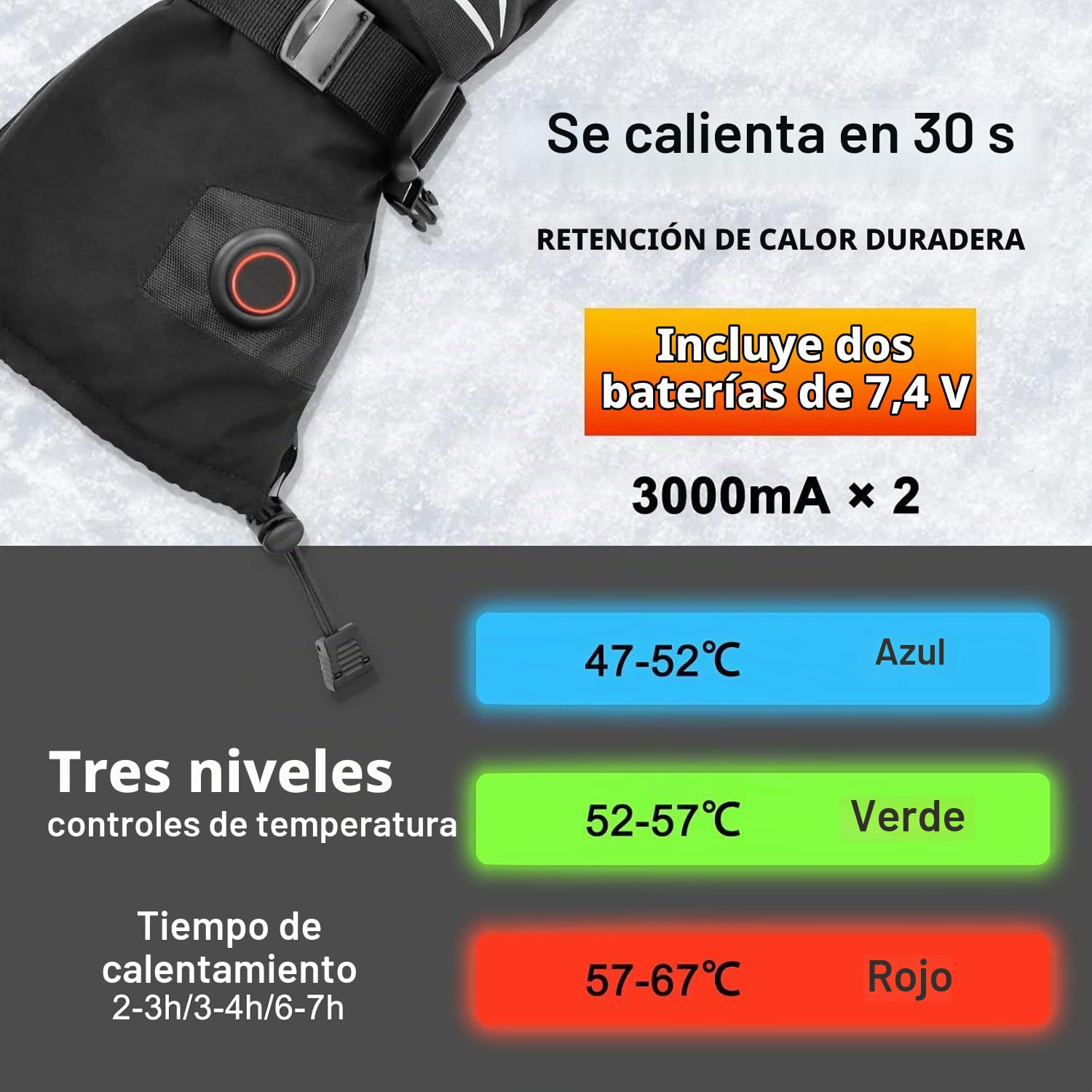 Loowoko Guantes Calefactables con batería 7.4v 3000mah × 2, 3 niveles de calentamiento, impermeables, pantalla táctil, guantes calefactables usb para trabajo al aire libre, moto, bicicleta, esquí (XL)