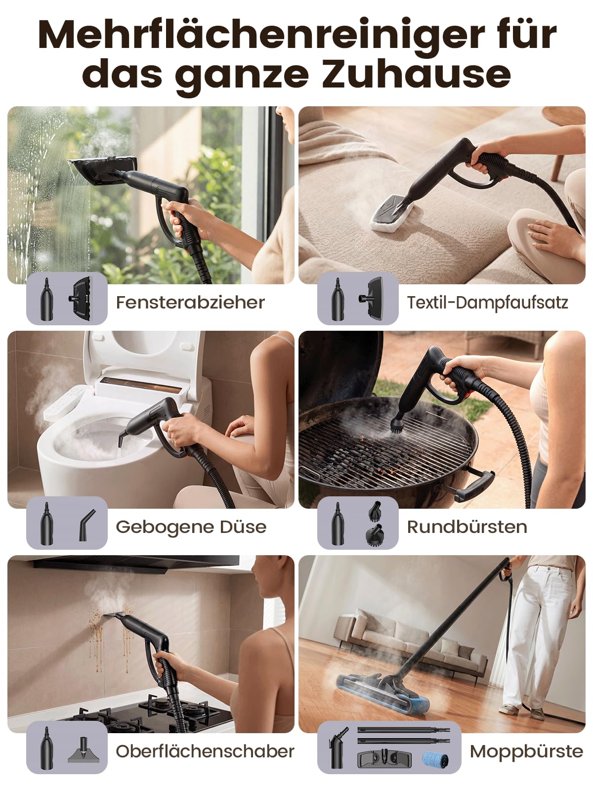 Dampfreiniger für Alles, 2000W mit 2L Tank, 16 Zubehörteilen, Weiß | Multifunktionaler Haushaltsreiniger 135°C Heißdampf, 60 Min Dampf, 5,3 m Reichweite, für Bad, Fliesen, Fugen, Sofa und Auto