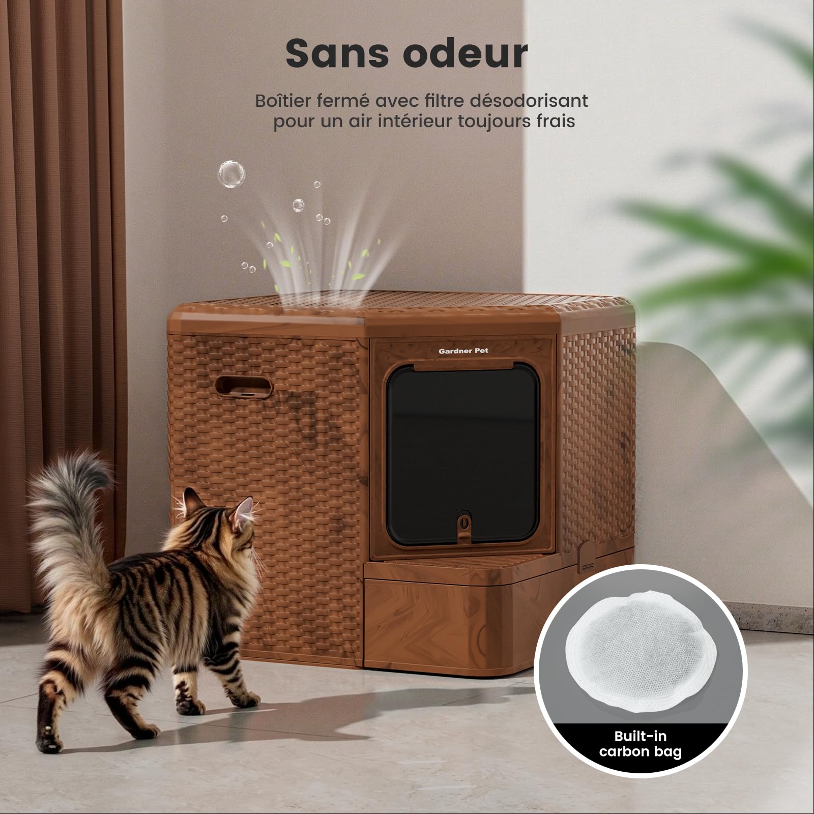 Gradner Pet Maison de Toilette pour Grand Chat XXL Anti Odeur, Brun | Bac à Litière, Caisse Litière Fermée, Compartiment Inférieur Amovible, Nettoyage Facile, Intimité Sécurisée