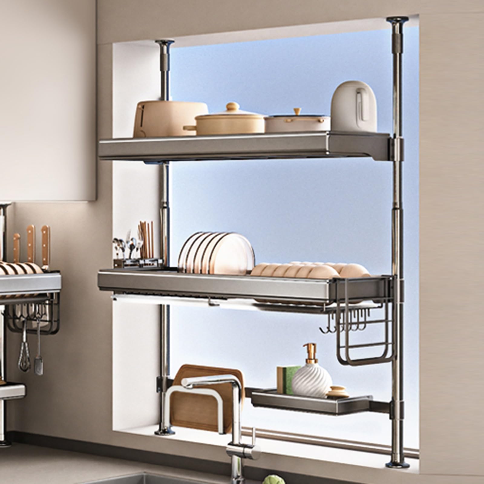 CAFIEDR Over The Sink Dish Drainer Drying Rack 2-Tier Space Saving Adjustable Heights 26" To 66" Multifunctional Storage Counter Kitchen Organizer.