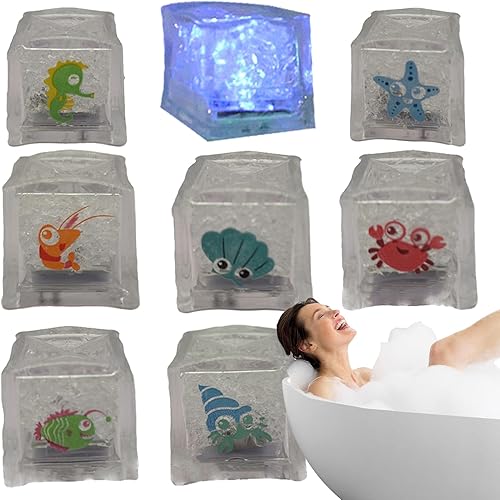Light Up Bath Cubes, 8 Pieces Multicolor LED Ice Cubes Bath Glow Cubes, Water Activated Light Up Cubes with Sea Pattern for Kids, Family, Friends, Home, Birthdays, Holiday