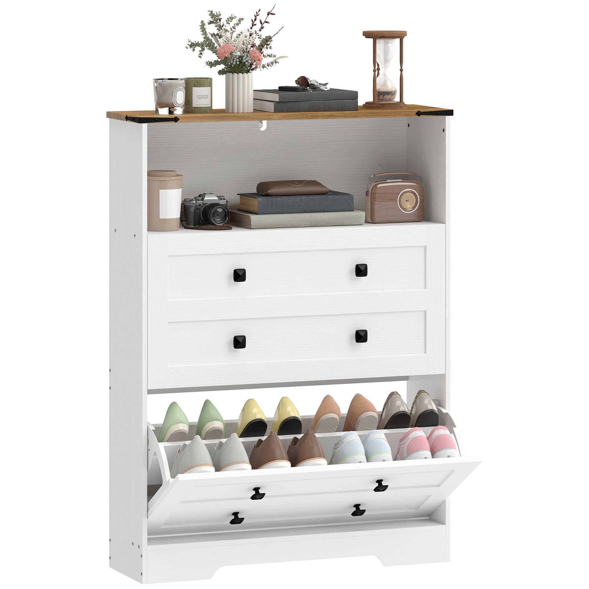 HOMCOM Narrow Shoe Cabinet, Farmhouse Shoe Storage Cabinet with 2 Flip Drawers, Adjustable Shelves and Open Shelf for Hallway, Space Saving, Holds 12-16 Pairs, White