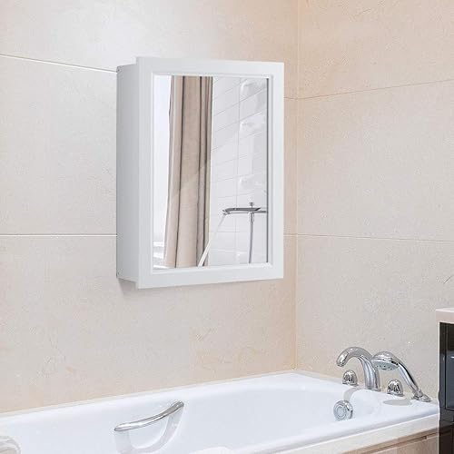 Miniatura 2 de GOFLAME Botiquín de baño, armario de almacenamiento con espejo de montaje en pared con una sola puerta y estante ajustable, organizador de madera