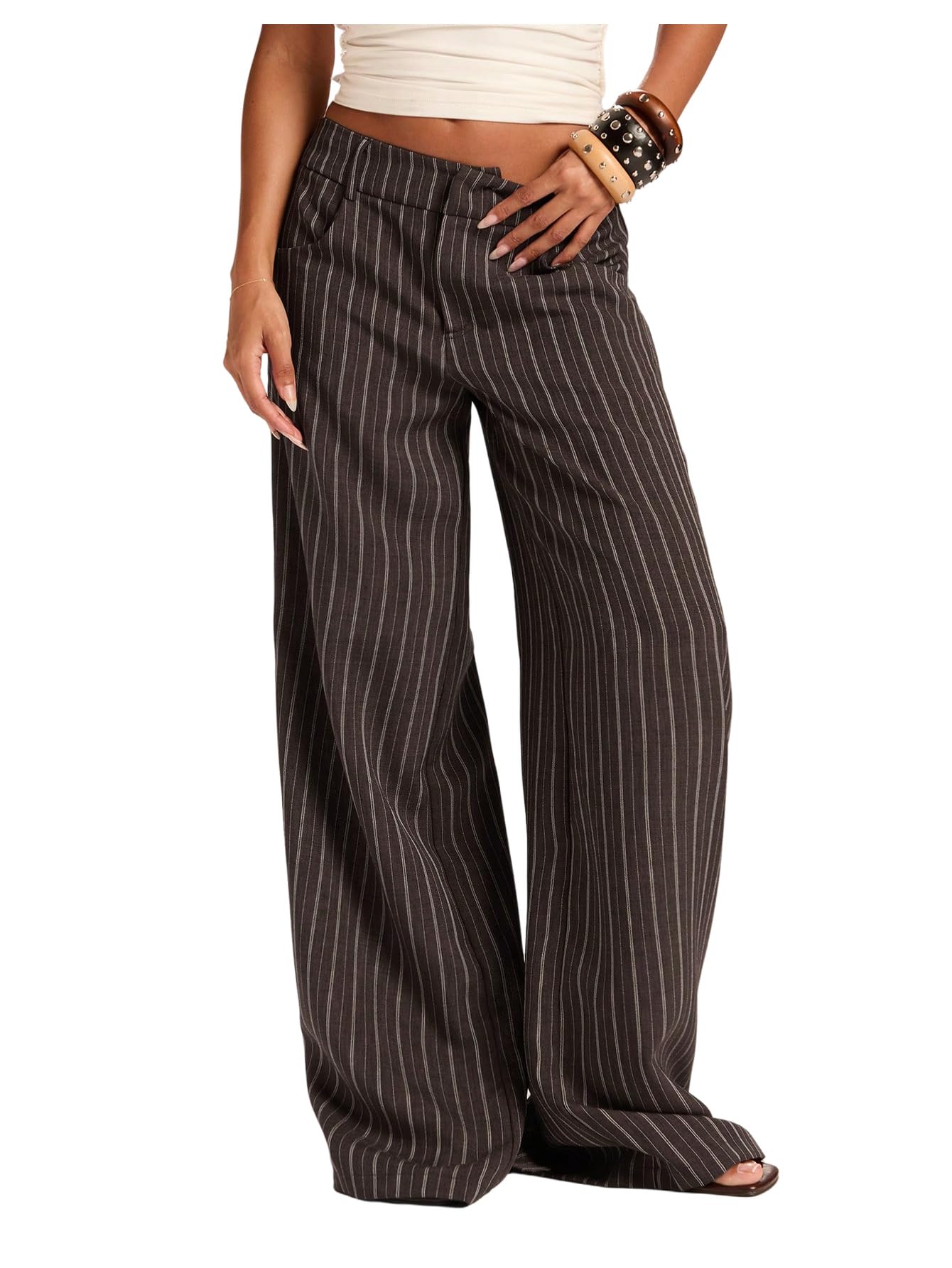 Floerns Women's Striped Wide Leg Pants Baggy Business Casual Trousers