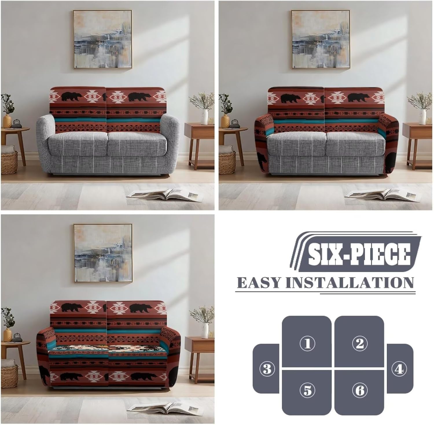 Bear Stretch Loveseat Recliner Covers Aztec Ethnic Reclining Couch Slipcovers 2 Seater Brown Home Decor Washable Love Seat Sofa Slip Cover Indoor