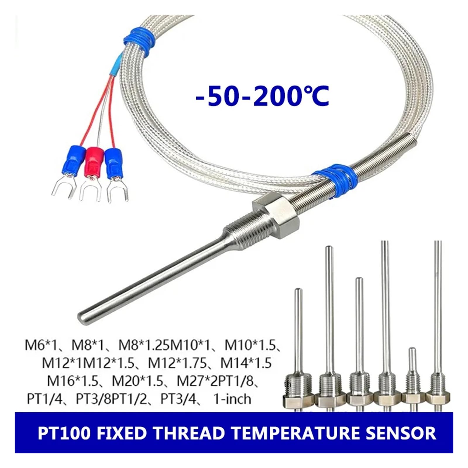 Sensor de temperatura PT100 resistente al agua, sonda RTD, Detector resistencia alta precisión roscado Industrial, línea PTFE(PT1000-PT1-8 -30mm)