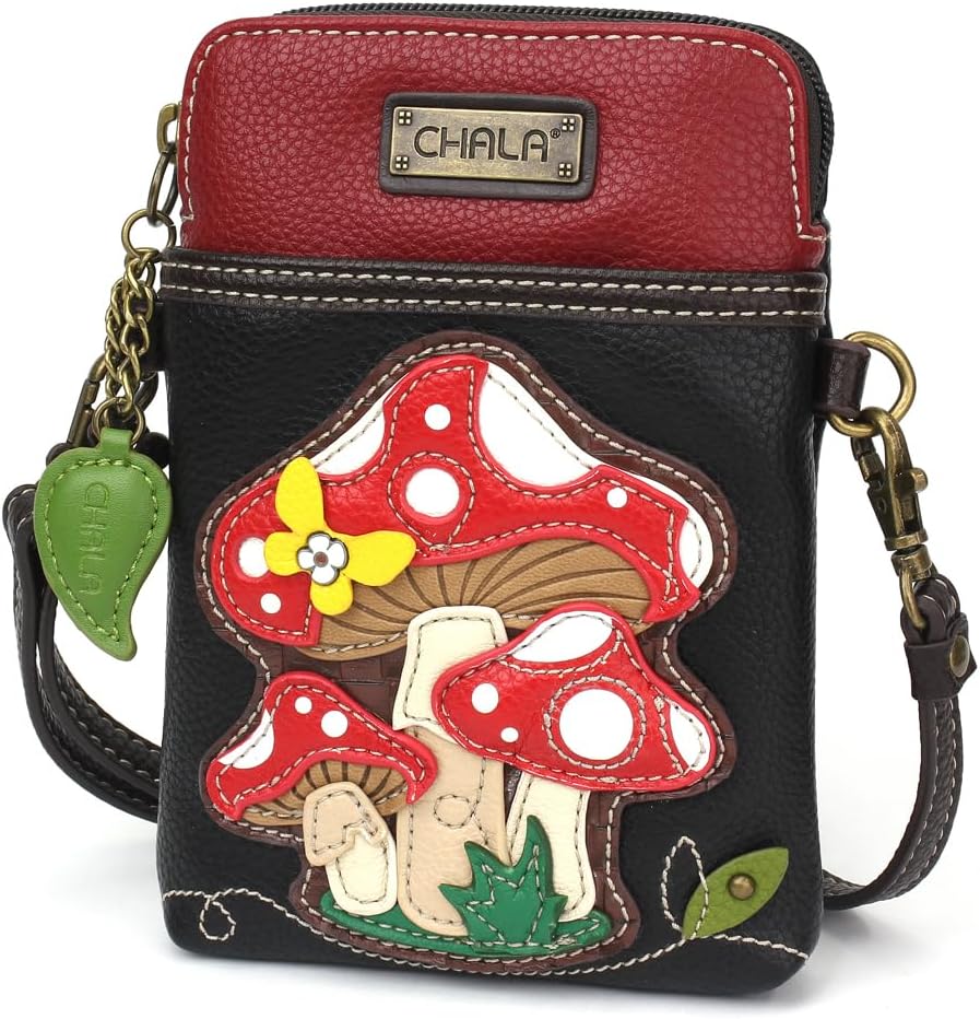 CHALA Crossbody Cell Phone Purse | Women's Multi-Color Wristlet Handbags with Adjustable Strap (Black_ Red Mushroom) - Image 3