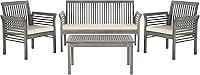 SAFAVIEH Carson 4-Piece Outdoor Conversation Set - Grey Wash Acacia Wood Bench, Table & Chairs with Beige Cushions