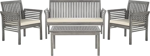 SAFAVIEH Outdoor Collection Carson - Juego de 4 piezas para patio de conversación con cojines grises y beige