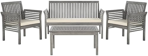 SAFAVIEH Outdoor Collection Carson Grey Wash/ Beige Cushions 4-Piece Conversation