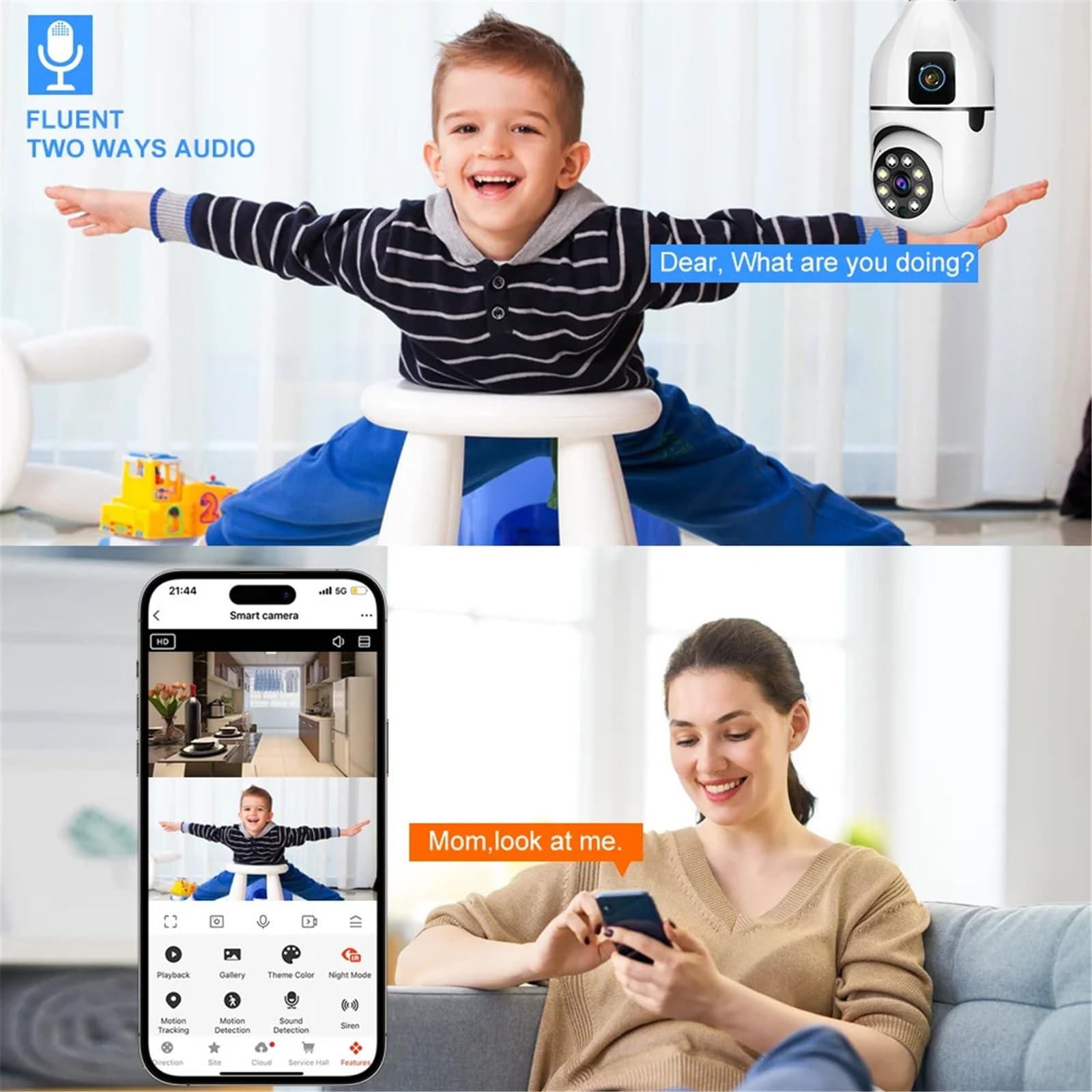 4K CCTV PTZ WiFi Double Objectif Double écran E27 Ampoule caméra Tuya Vie Intelligente sécurité caméra de Surveillance vidéo AI Humain Suivi Automatique(Cam Add 32G Card x2)