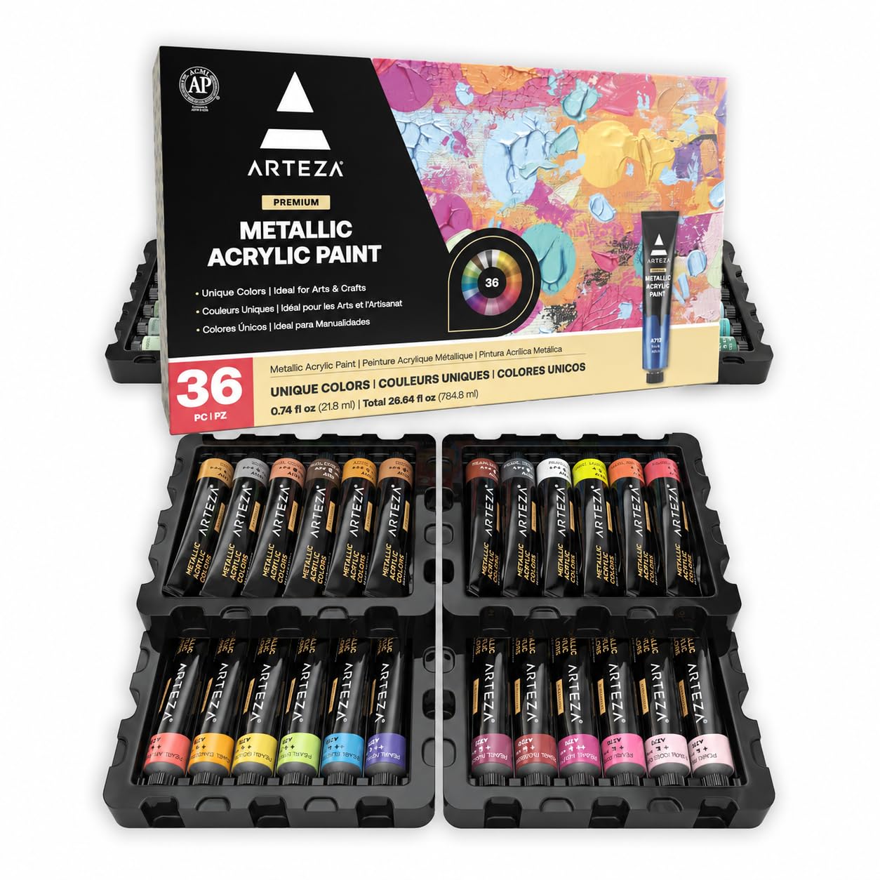 Metallic Acrylic Paint Set, 36 Colors, 22 ml/0.74 oz High-Viscosity | Pearl and Metallic Shades, Smooth Consistency, For Canvas, Wood, Rocks, Glass, Ceramics, Glazing, Layering and Mixed Media