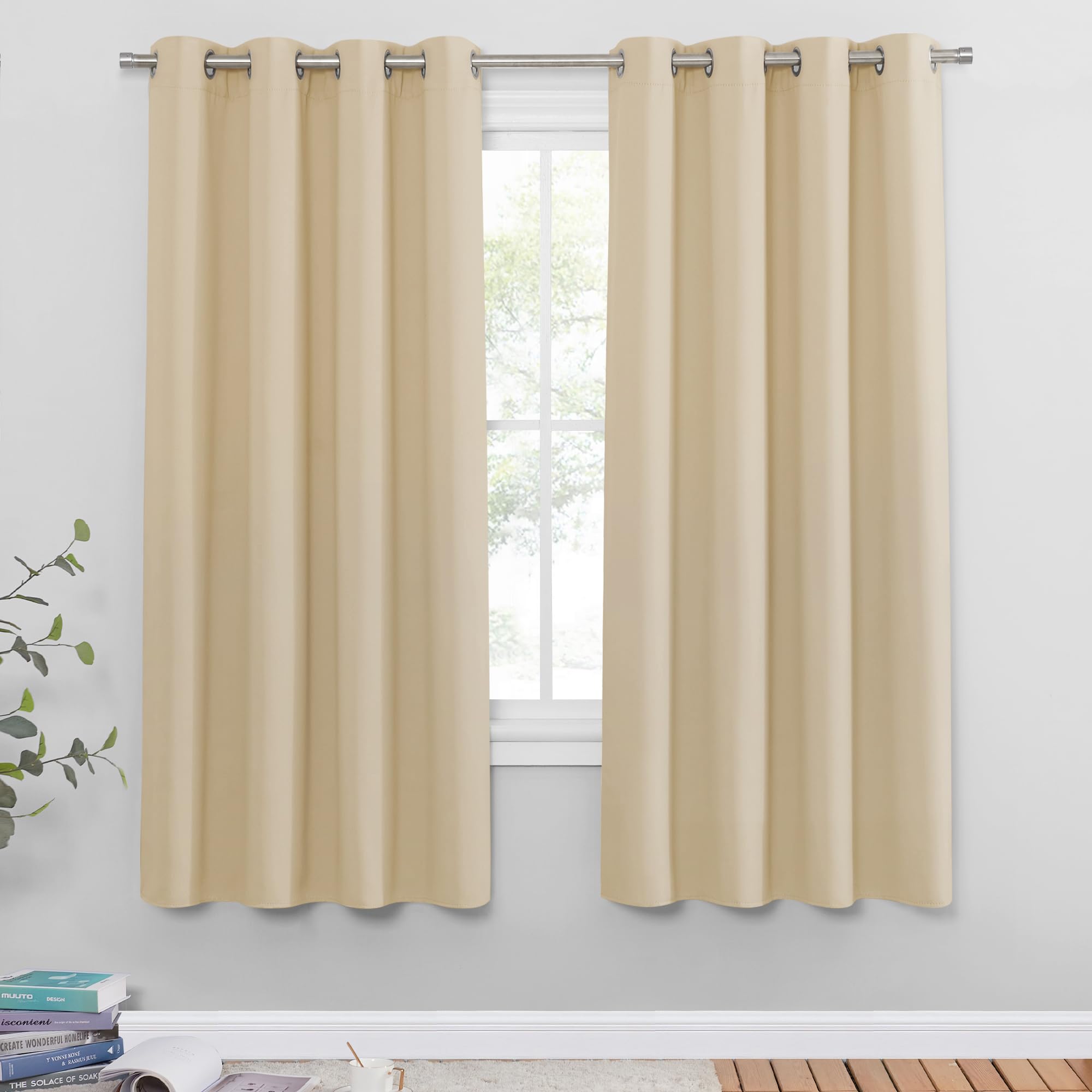 PONY DANCE Thermal Bedroom Curtains - Beige Short Energy Saving Curtains & Drapes for Living Room Kitchen Nursery Window Treatment for Home Decoration, 2 Panels, 55 x 69 Inch, Biscotti Beige โ image 1