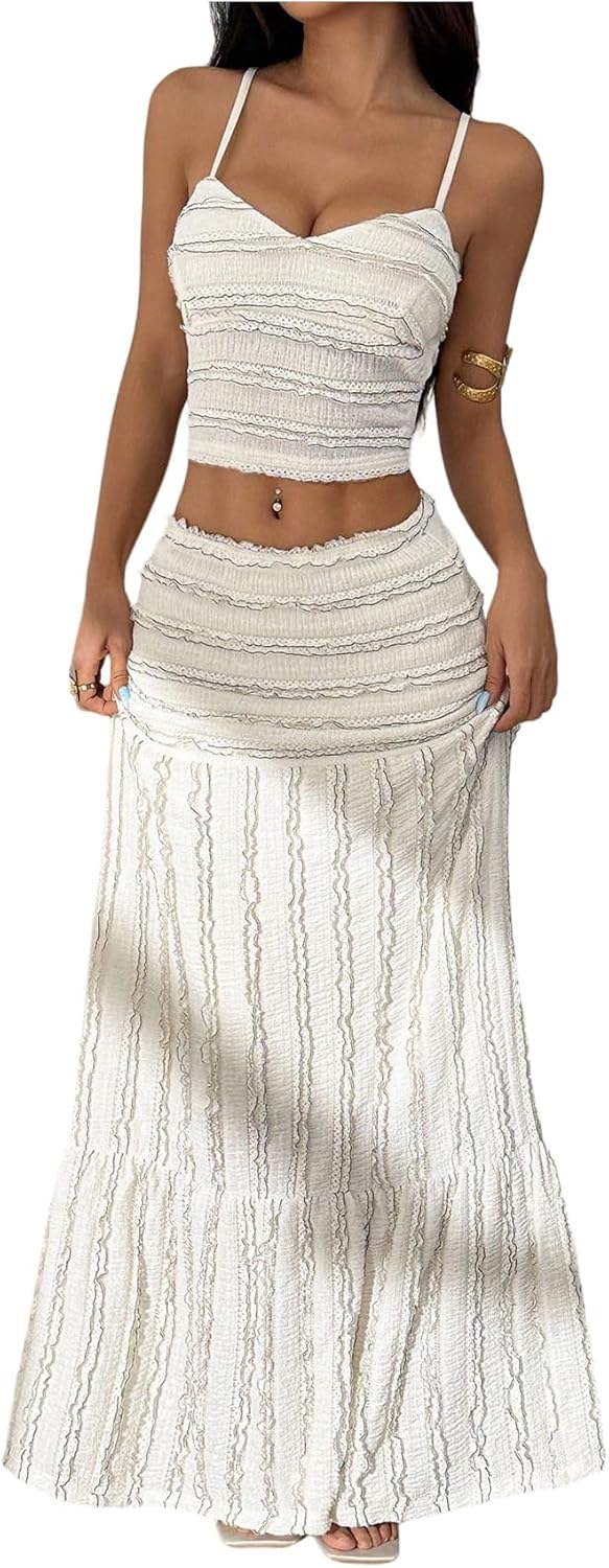Verdusa Women's 2 Piece Sets Ruffle Tiered Crop Camisole Tops with Maxi Skirt Brunch Outfits