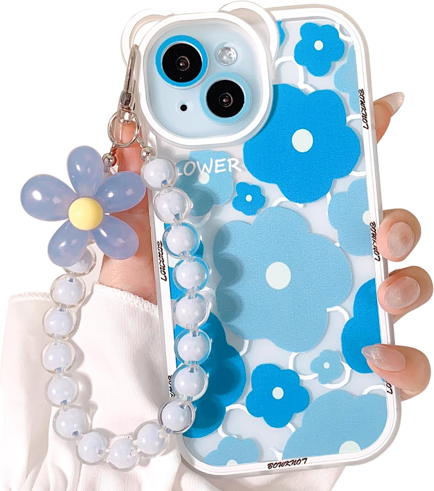 NITITOPCompatible for iPhone 15 Plus Case Clear Cute Flower Floral Bear for Girls Women Pattern with Chain Lanyard Wrist Strap Soft TPU Shockproof Protective Girly for iPhone 15 Plus-Blue