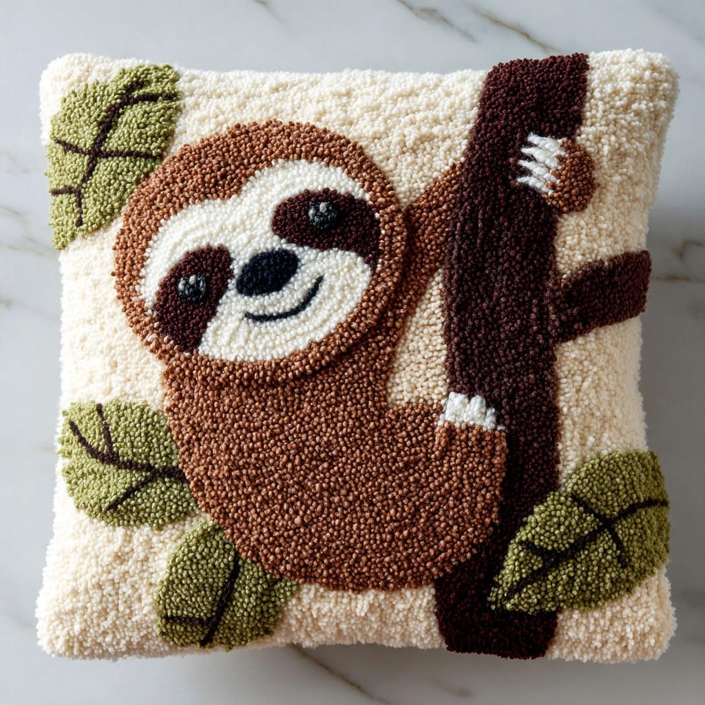 AMBATTERY Latch Hook Kits Pillow Animal Sloth DIY Rug Crochet Hook Cushion Making Kits Printed Pattern Canvas Pillowcase Hooking Kit Pillow Cover Crochet Kit 43x43cm