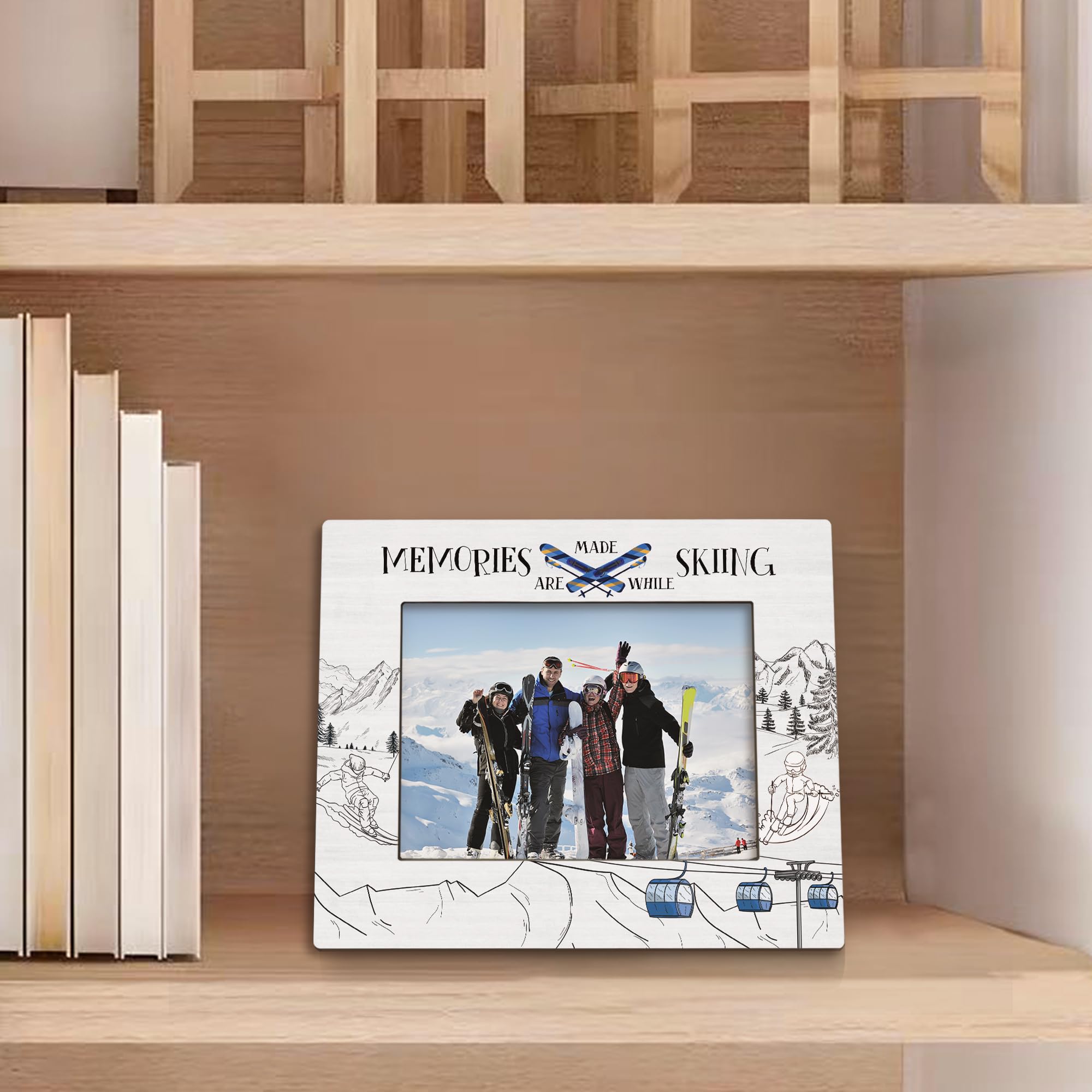 Ski Gifts Picture Frame 5x7, Gifts for Skiers Photo Frame, Ski Lover Gift for Skiers Women Men Friends, Memories are Made While Skiing Wooden Picture Photo Frames for Desk Home Room Decor